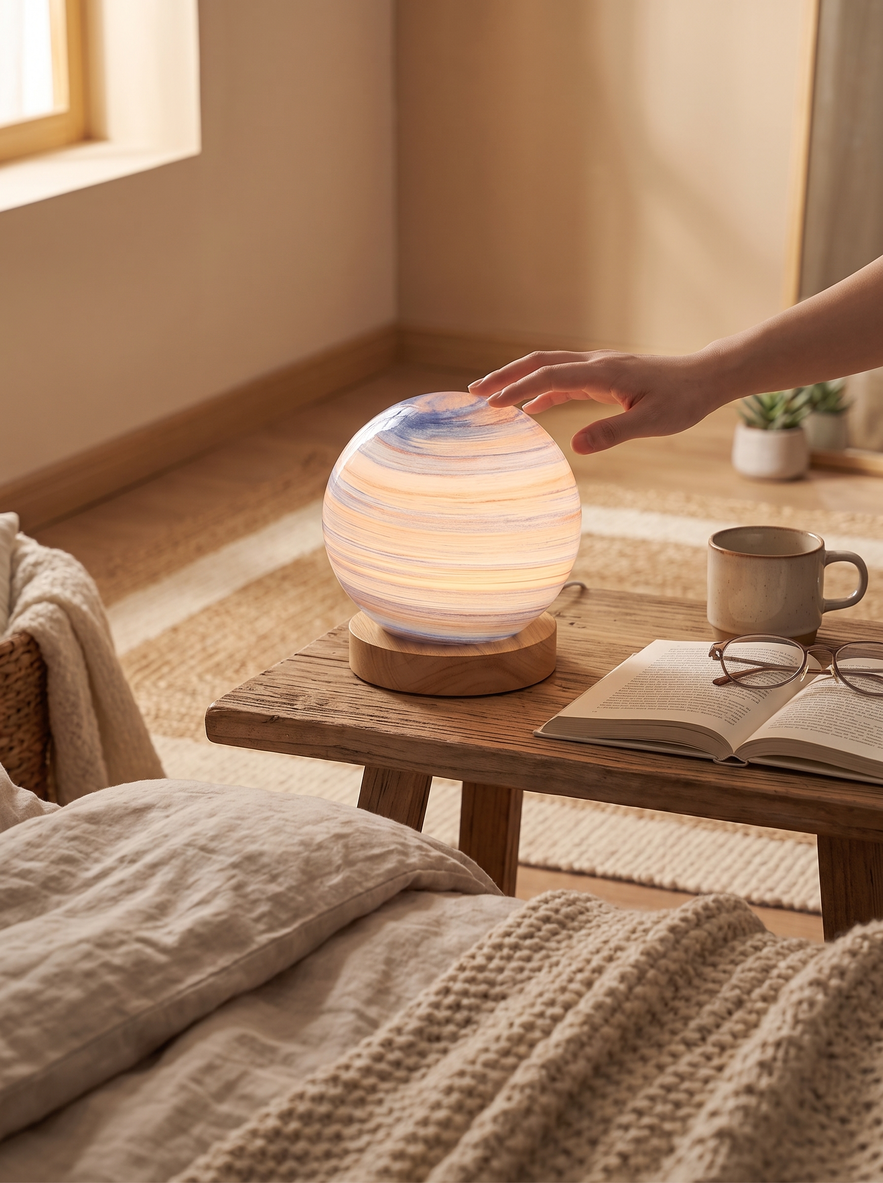 Moulded glass planet lamp on a bedside shelf