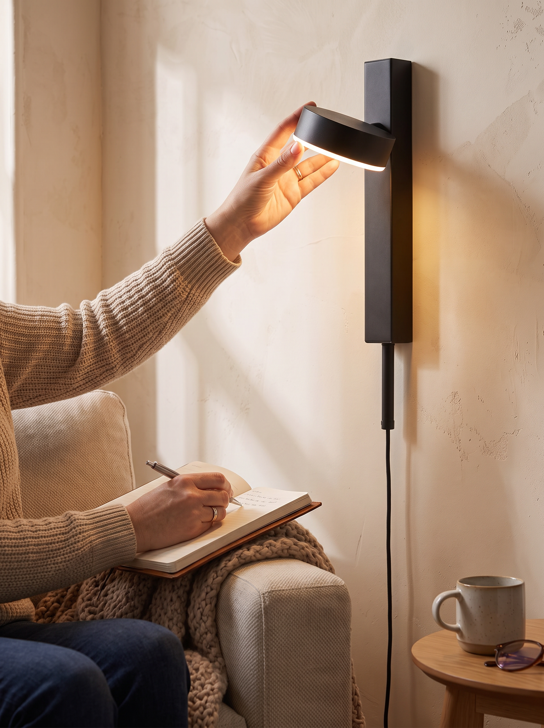 Slim vertical wall light giving a band of light in a hallway