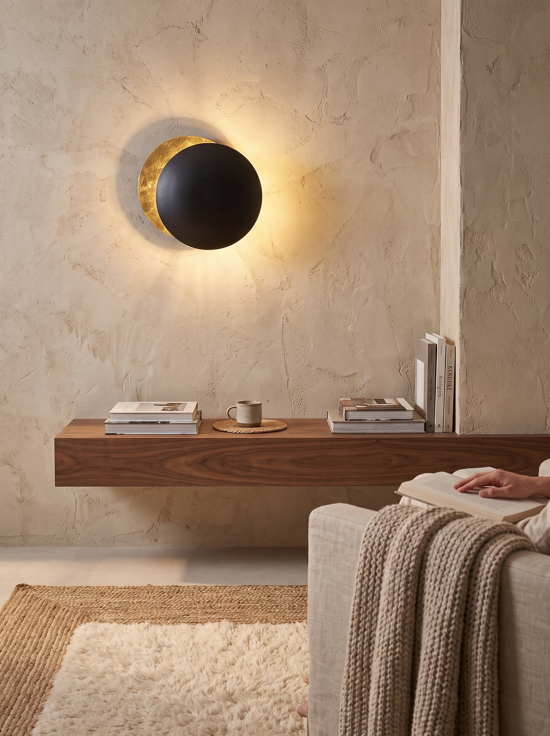 Soft arc of indirect light on plaster from a disc wall light