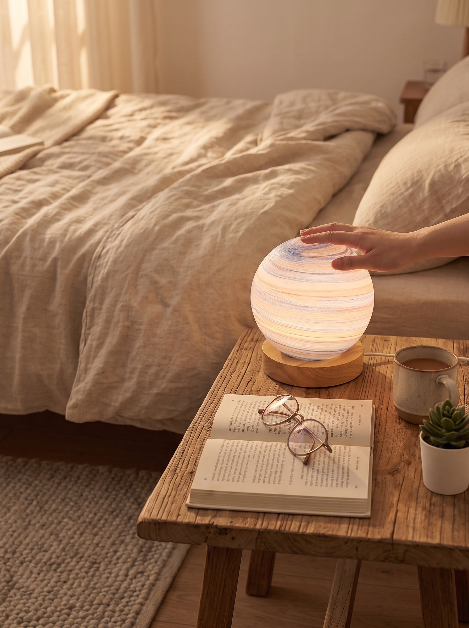 Glass planet lamp sitting as an ornament in daylight