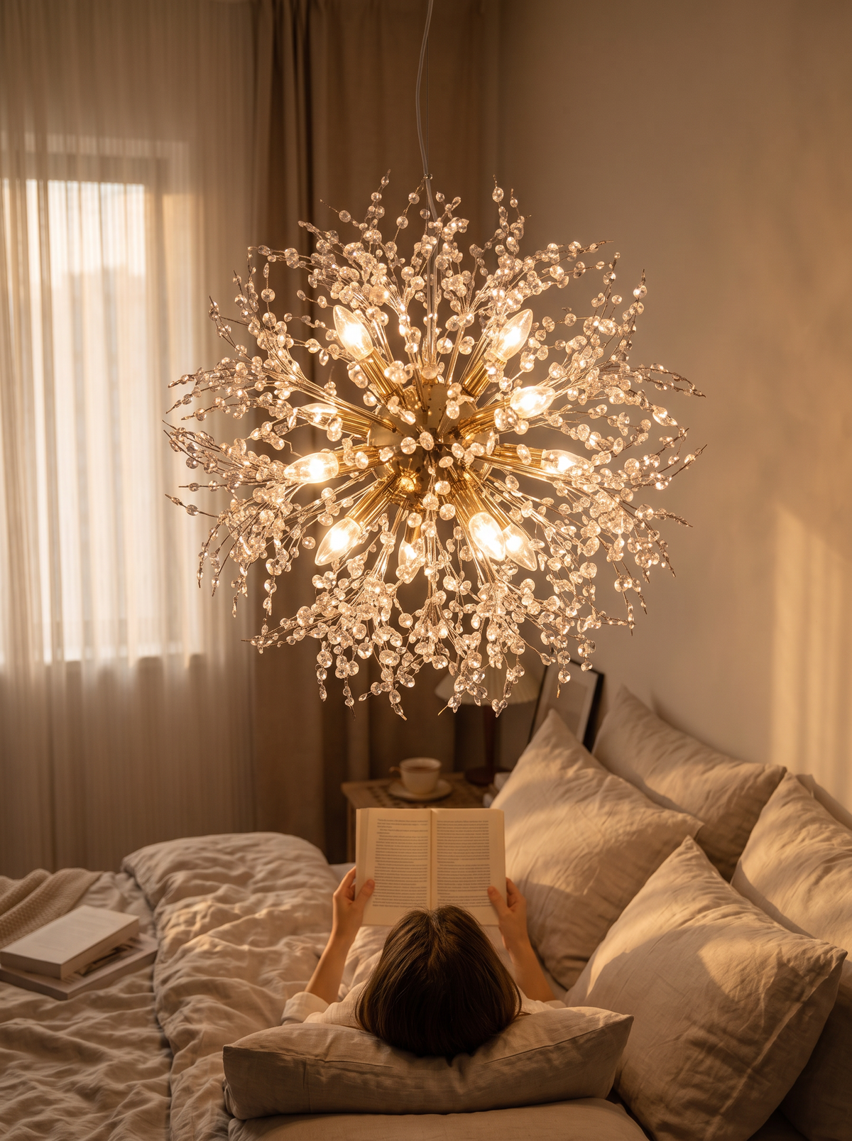 Crystal strand pendant filling the space over a dining table
