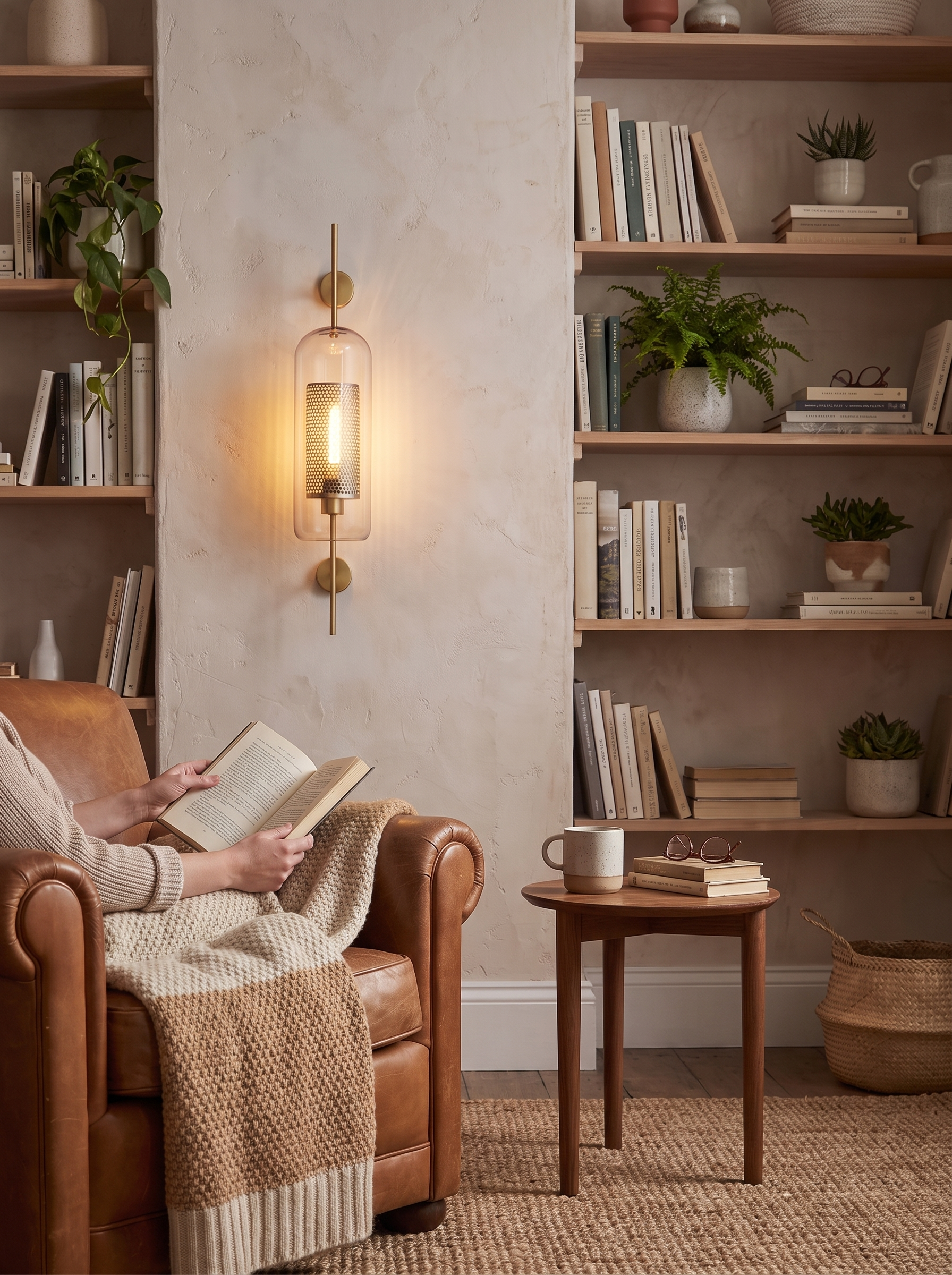 Cylindrical glass wall light throwing a column of light