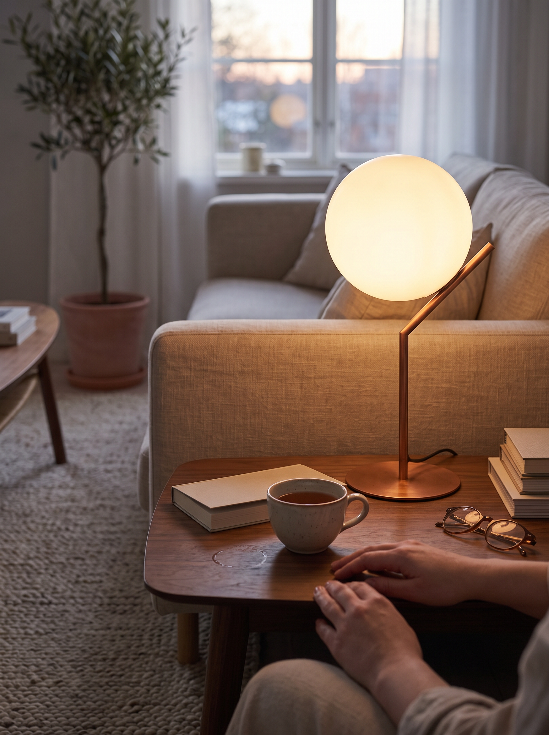 Solid copper table lamp with a warm metal surface
