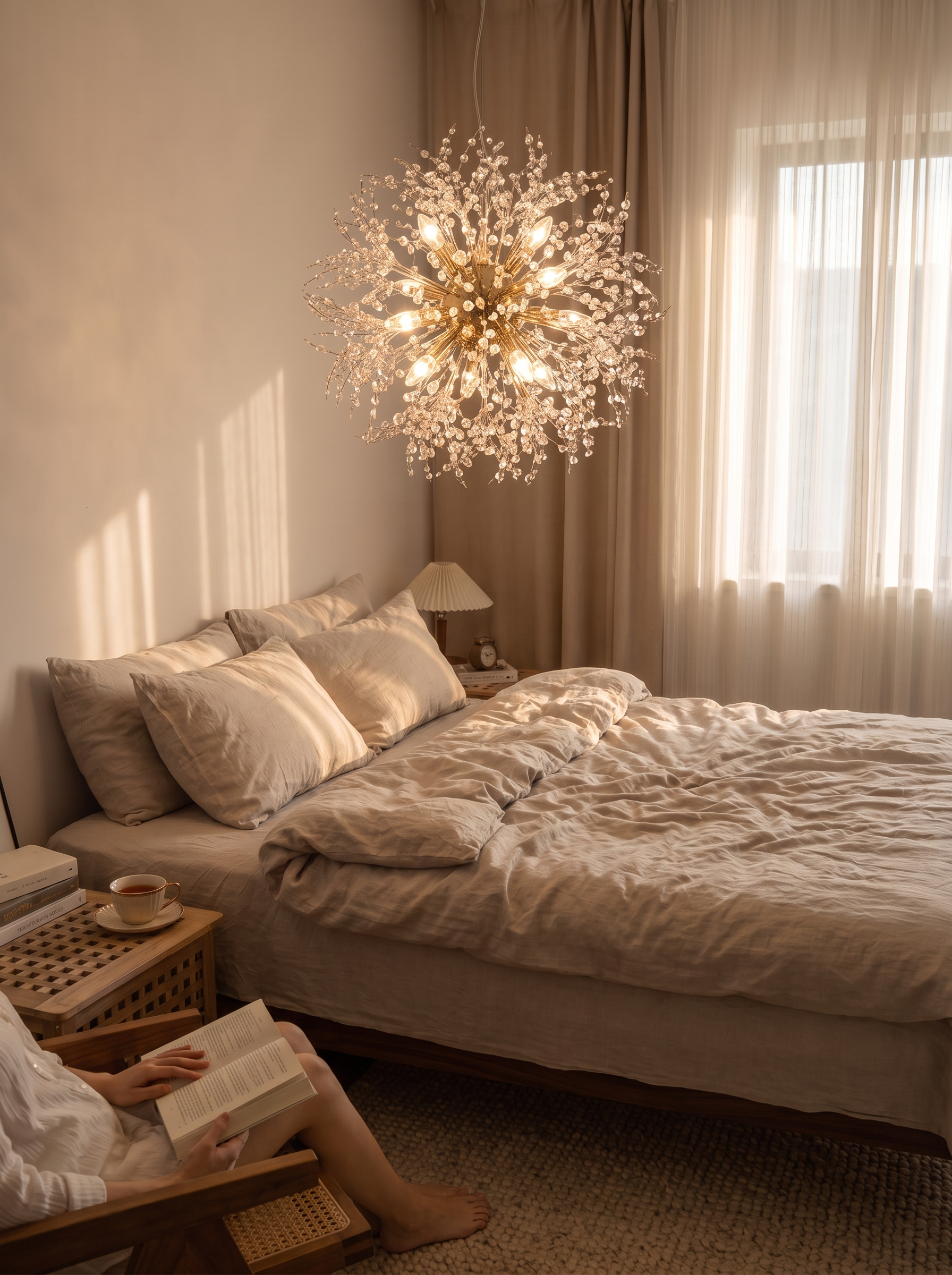 Crystal pendant scattering refracted light across a ceiling