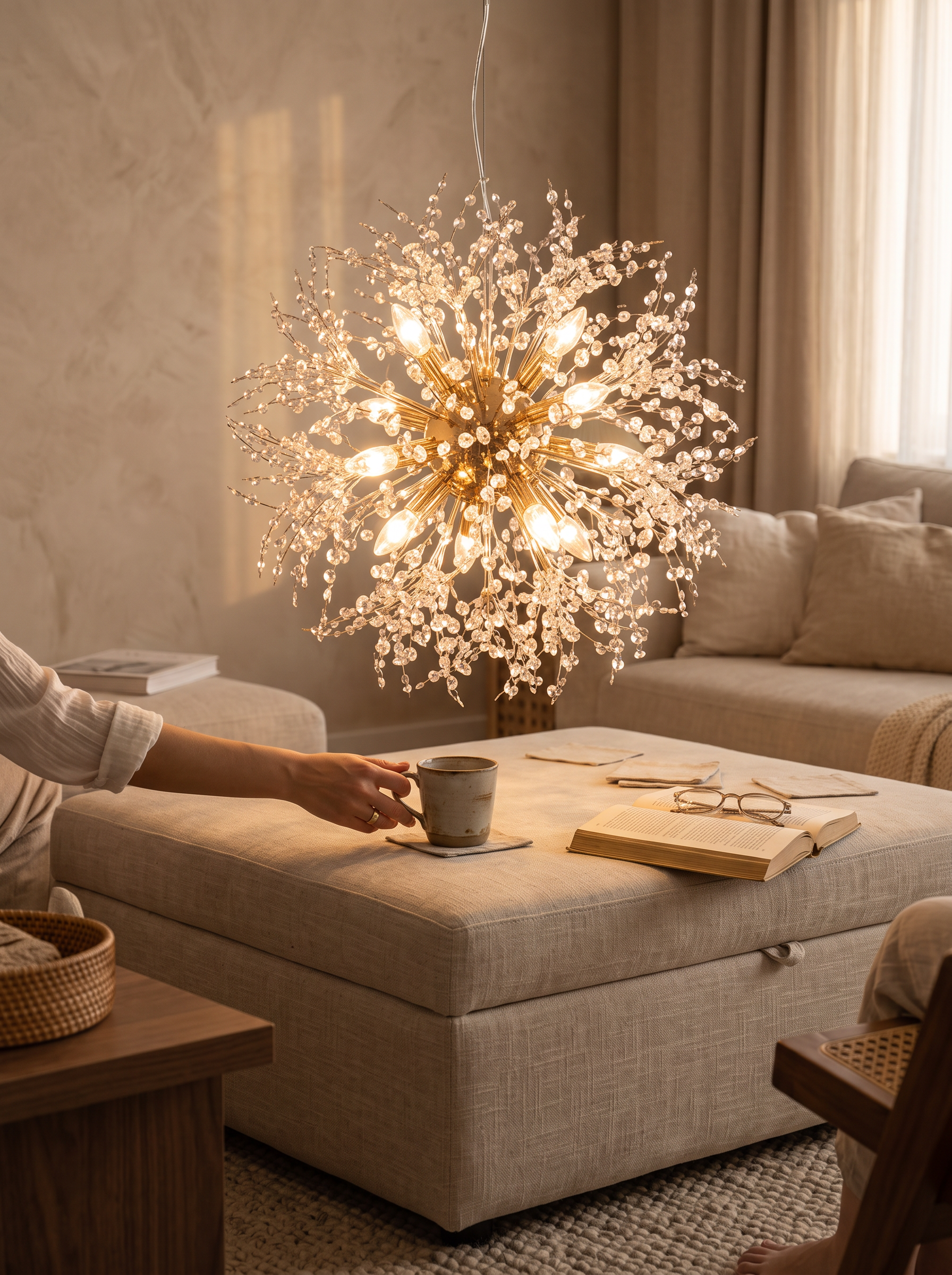 Dandelion crystal pendant reading as a burst of light