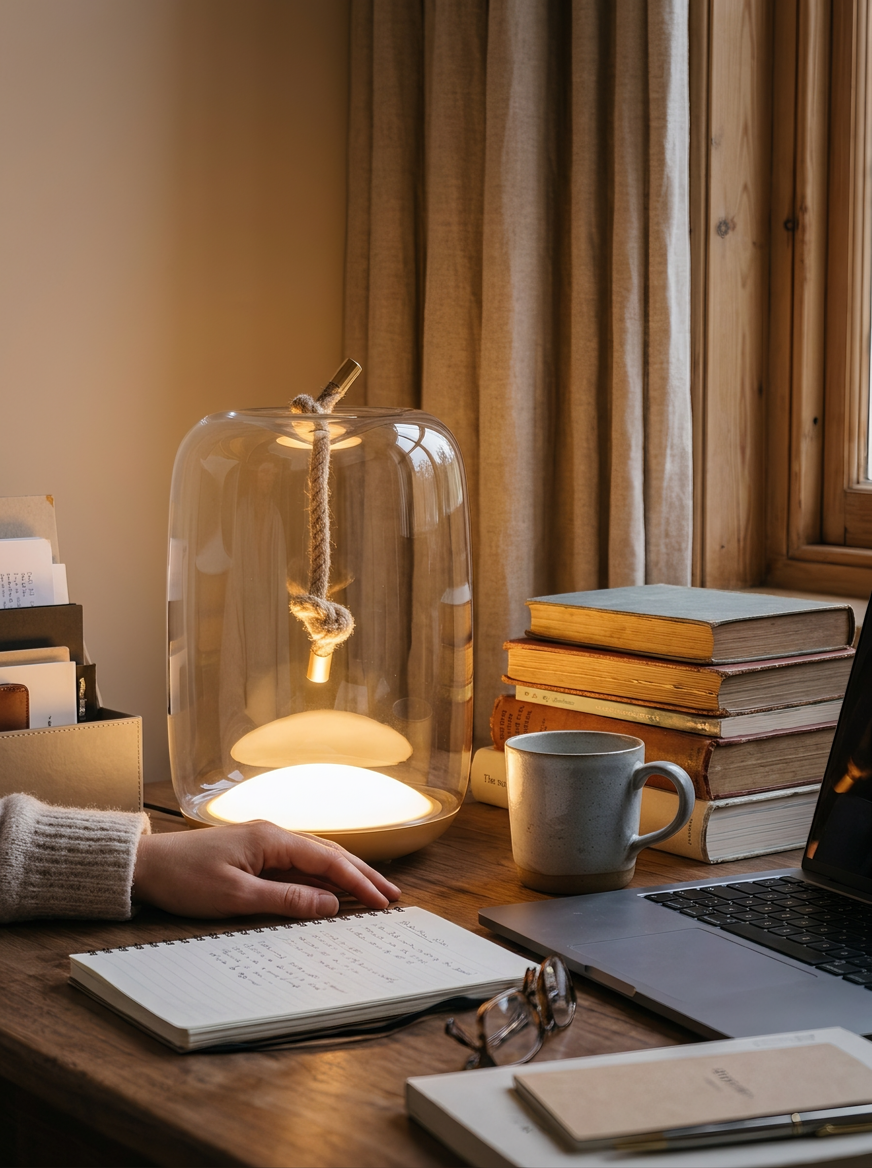 Compact rope lamp on a crowded side table