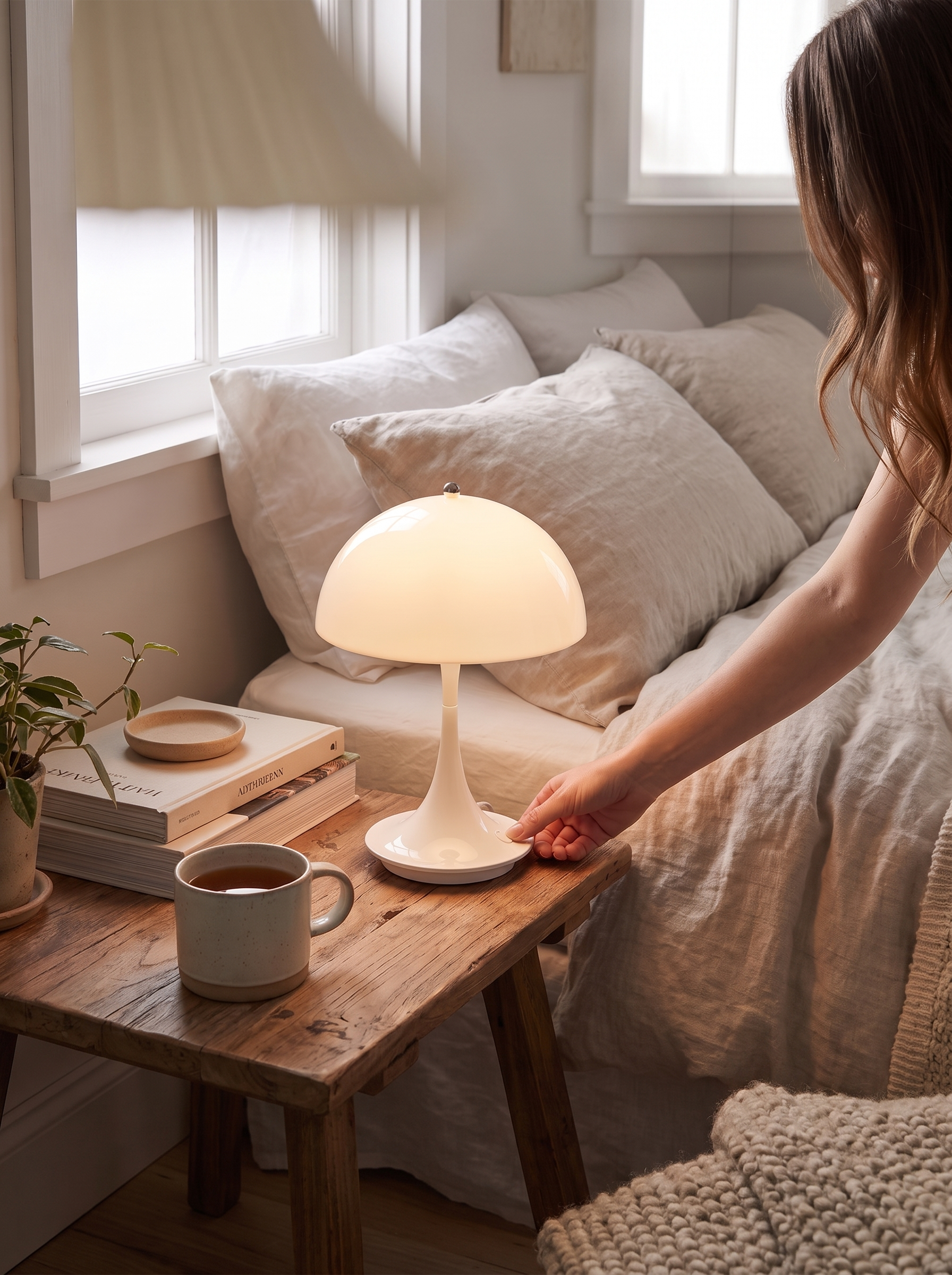 Portable mushroom lamp carried to a dinner table