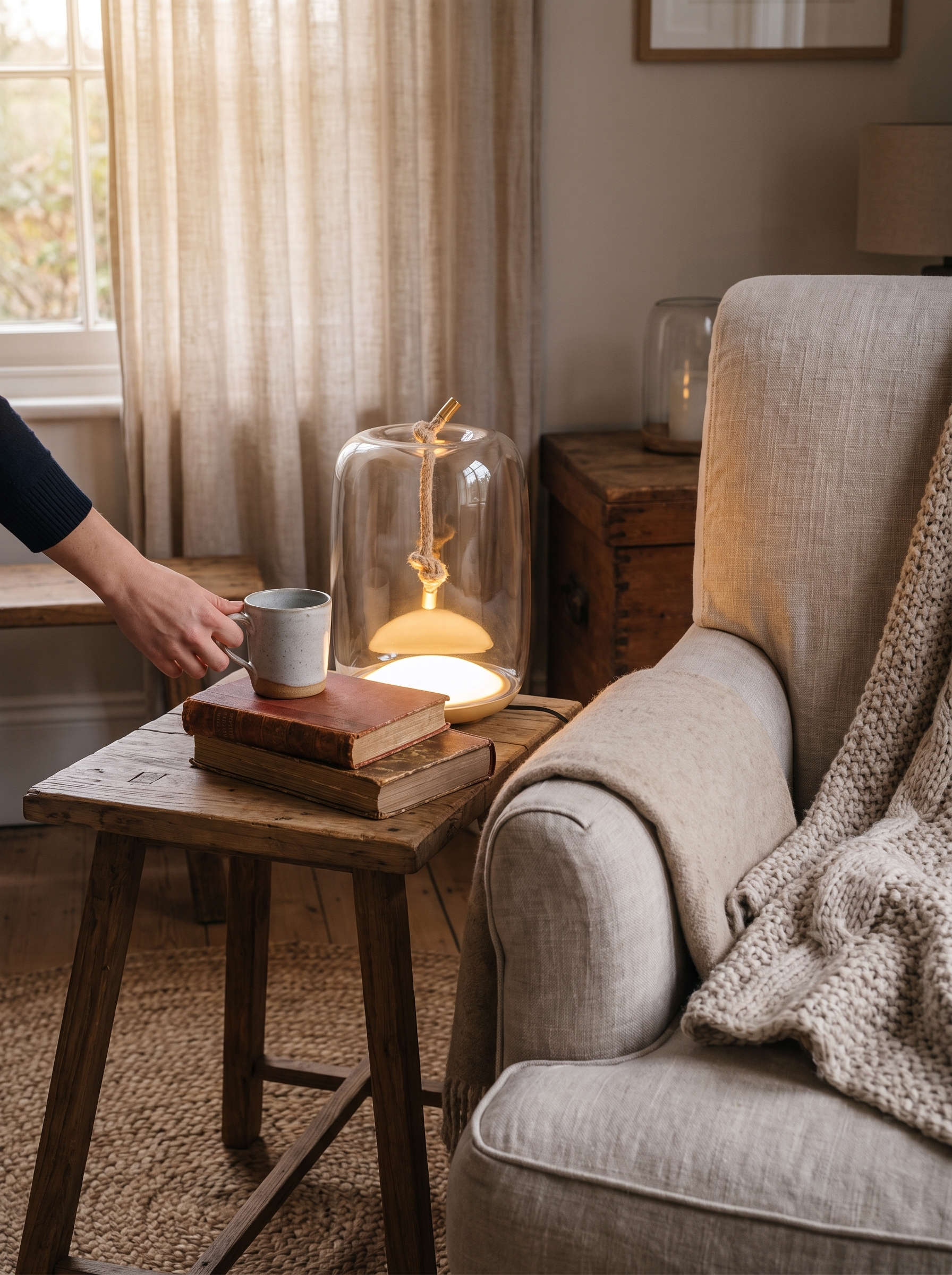Rope lamp sitting among timber, linen and wool
