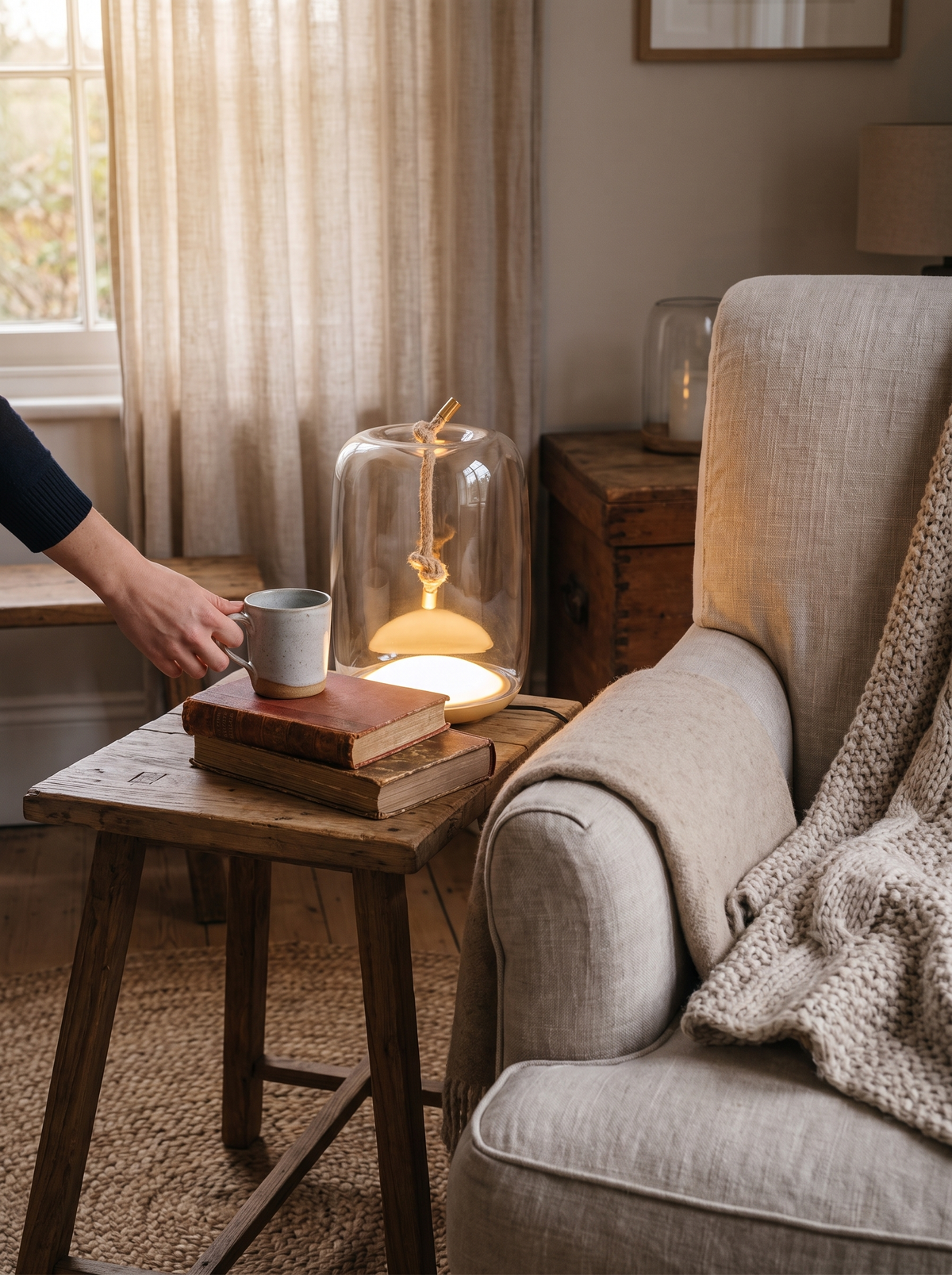 Rope lamp sitting among timber, linen and wool