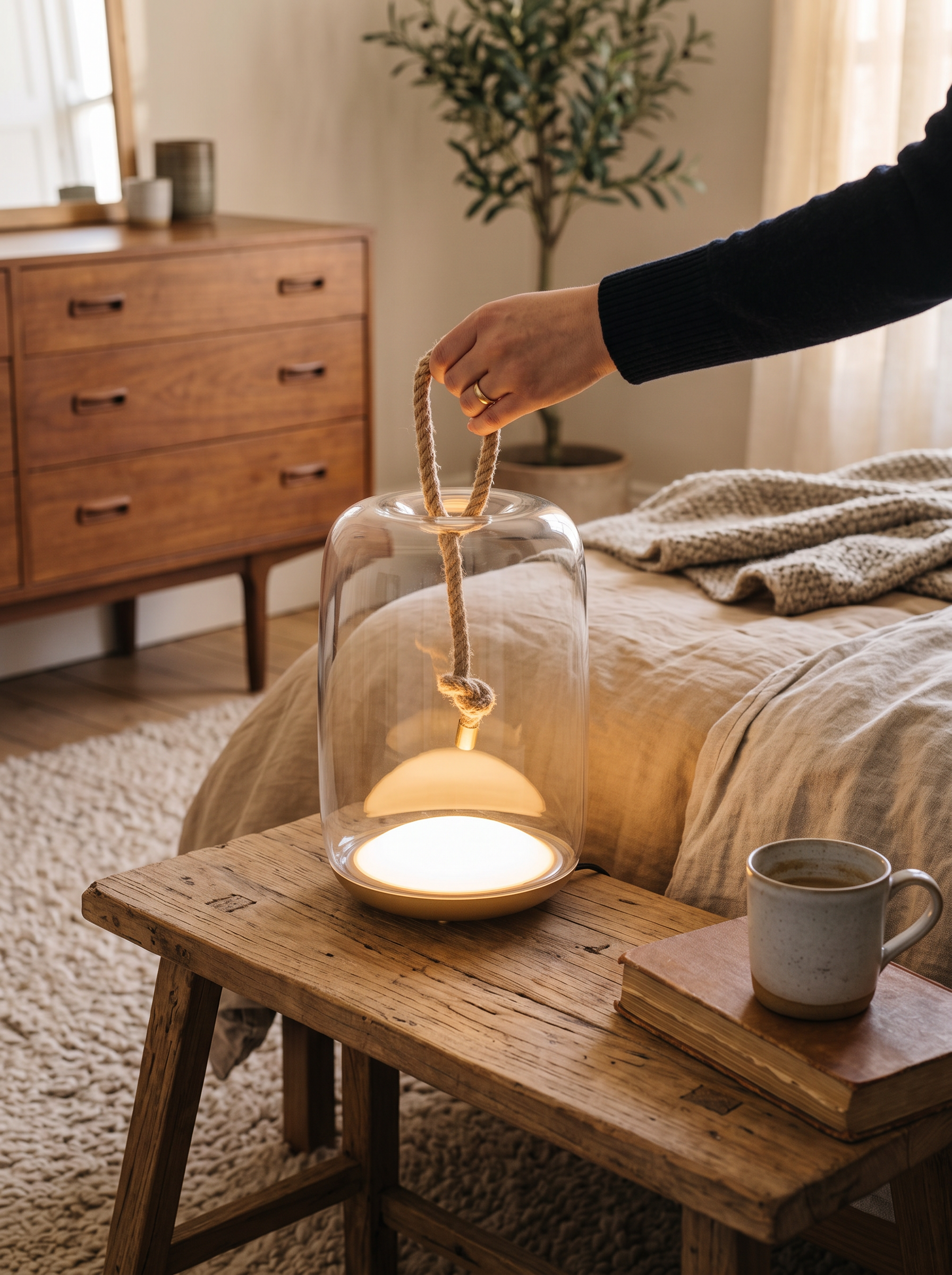 Hemp rope lamp shade breaking the light into warm texture