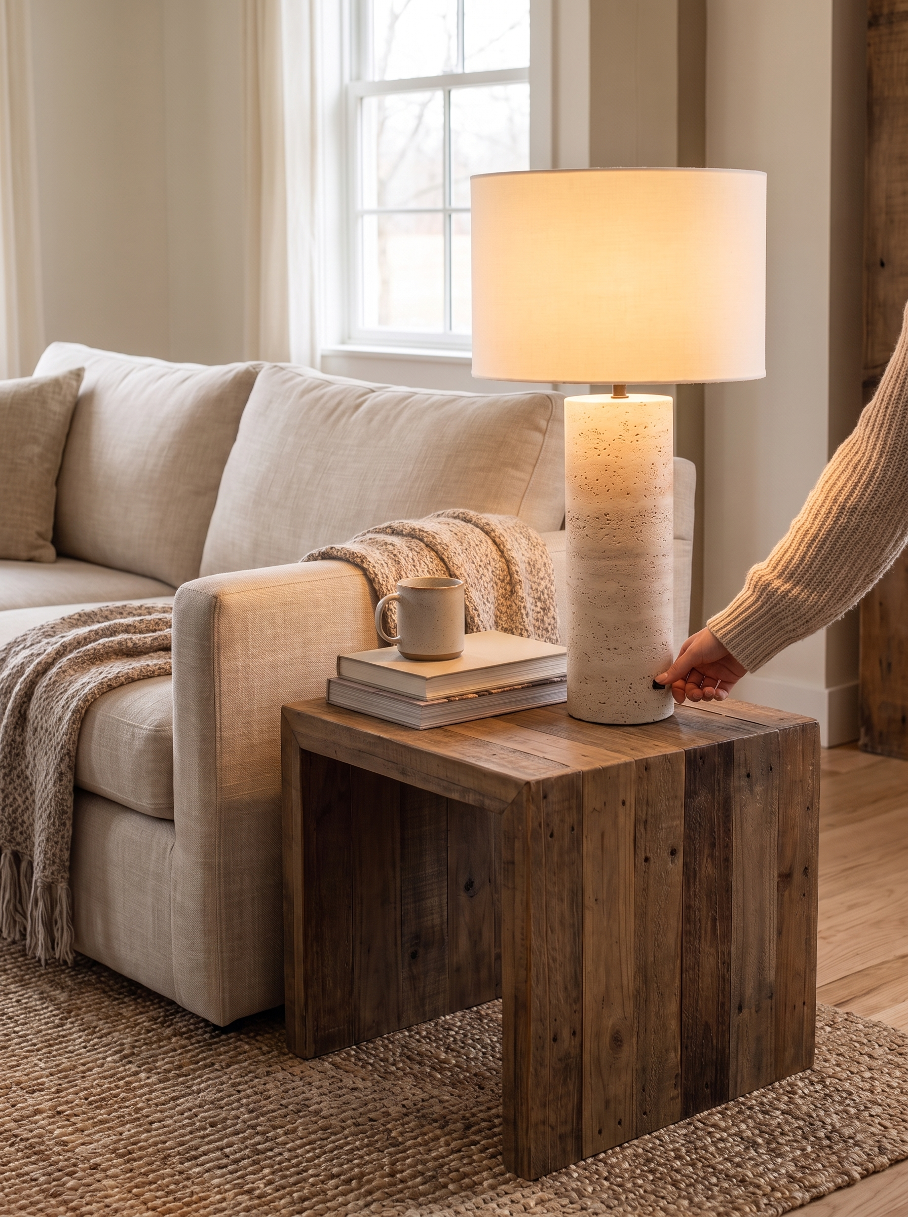 Cave stone lamp holding a standard bulb on a sideboard