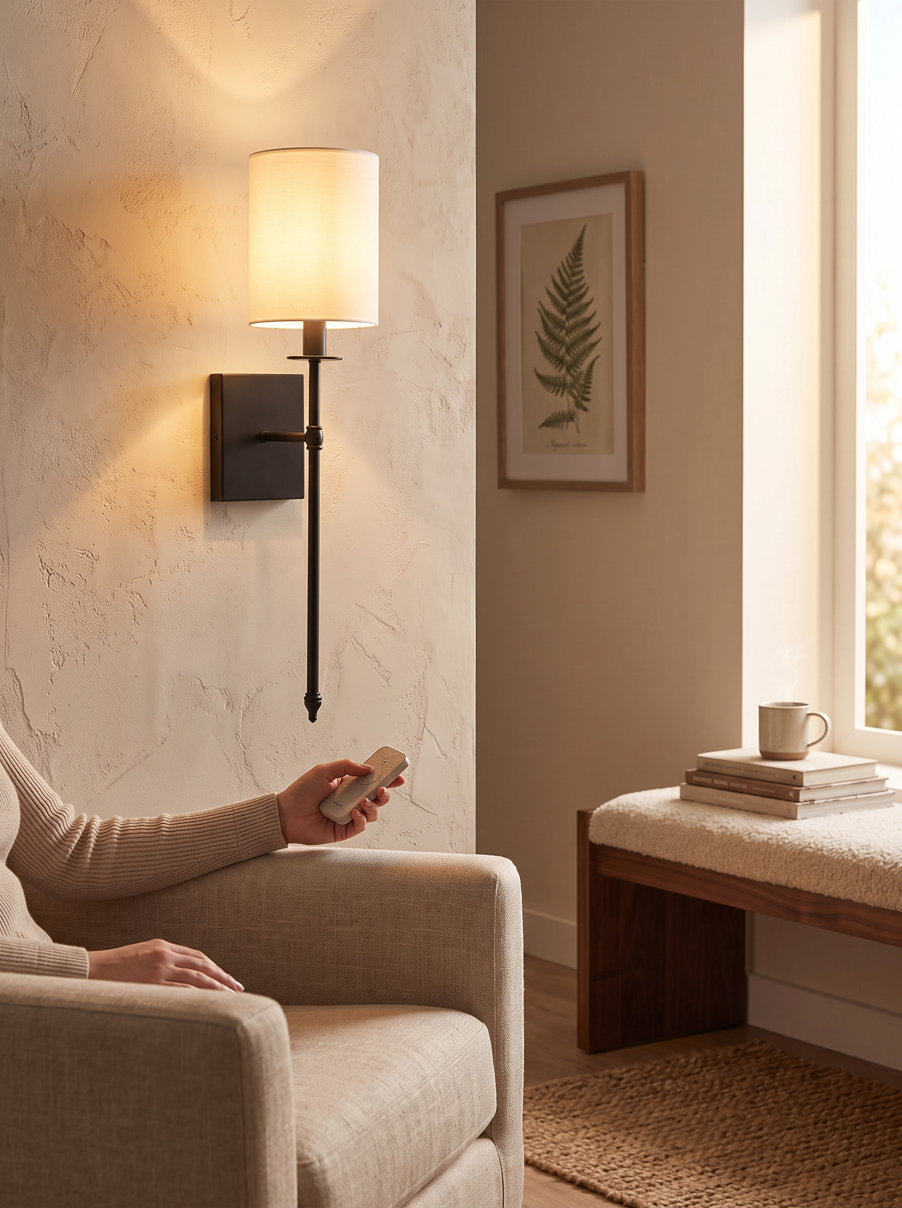 Fabric wall light set to a warm candle like colour