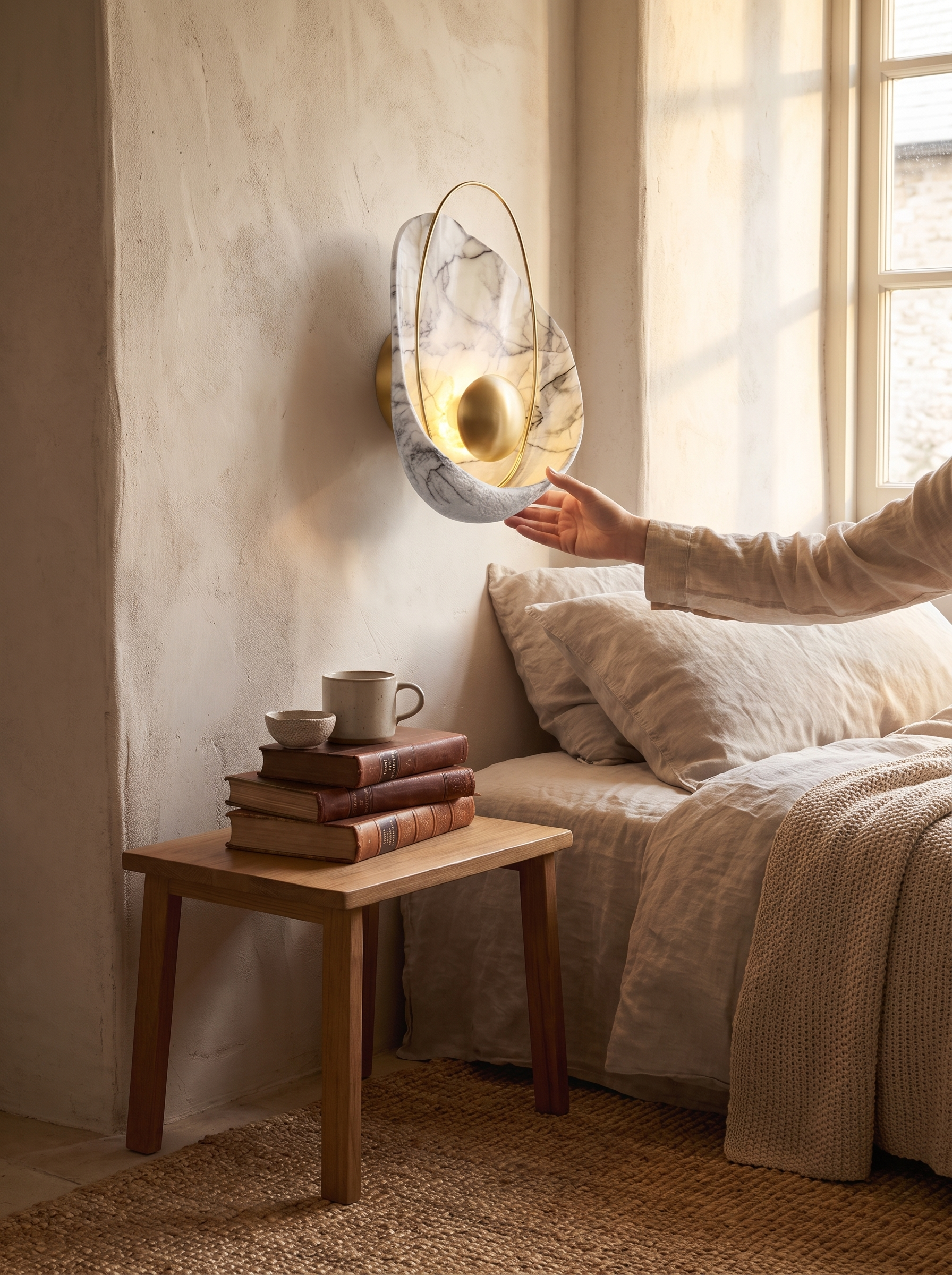 Shell shaped wall light reading as sculpture in daylight