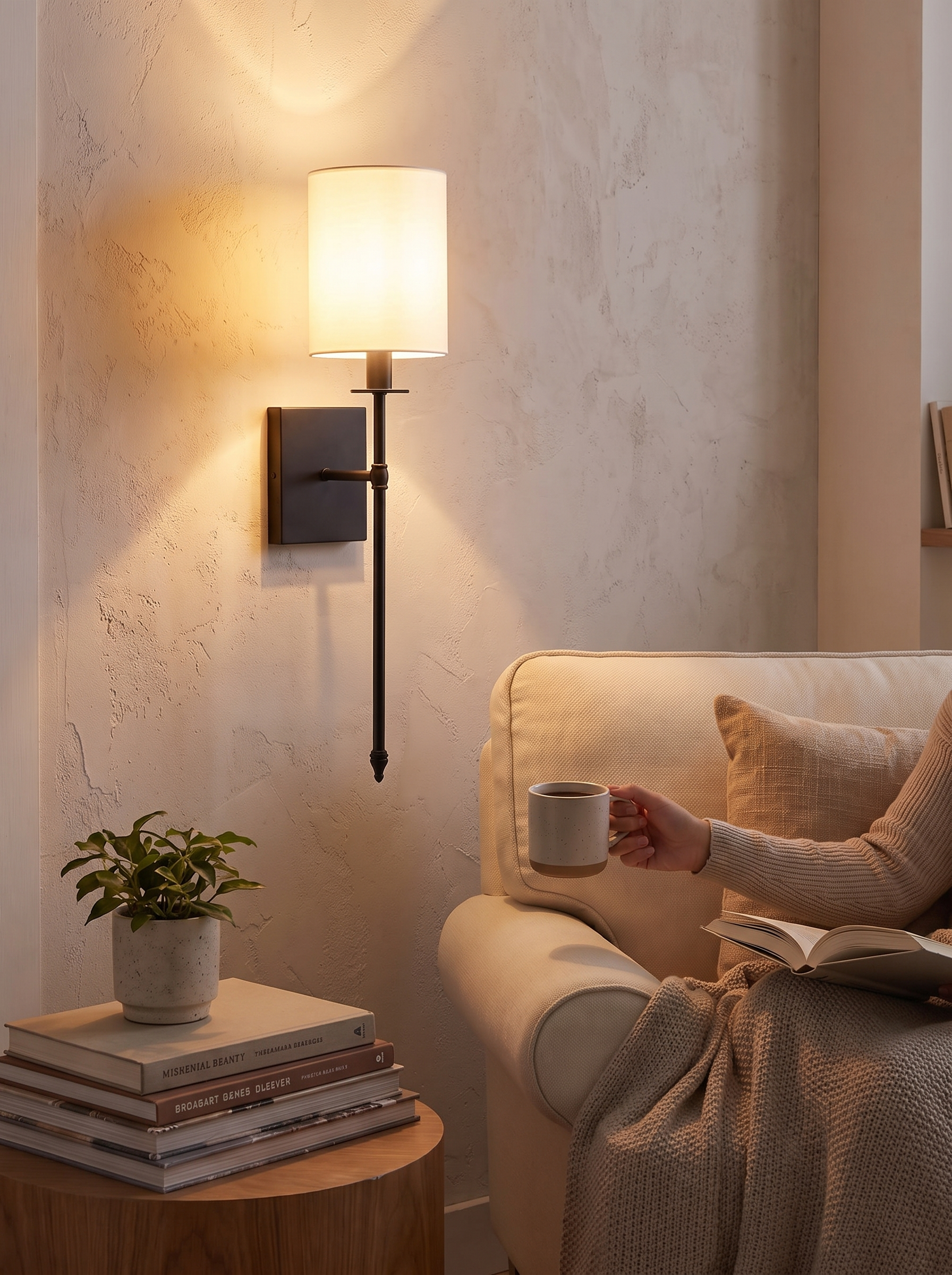 Wireless fabric wall light mounted where no cable runs