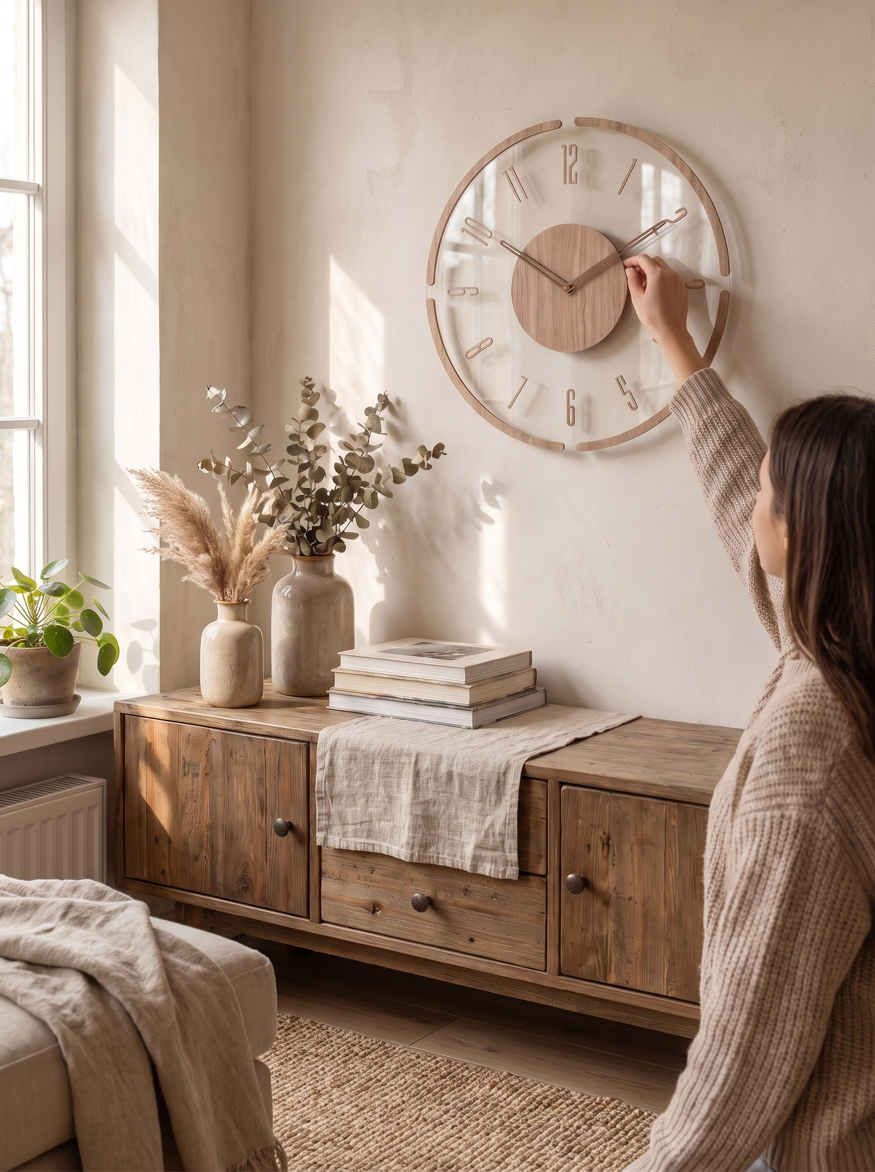 Wood dial clock warm against a painted wall