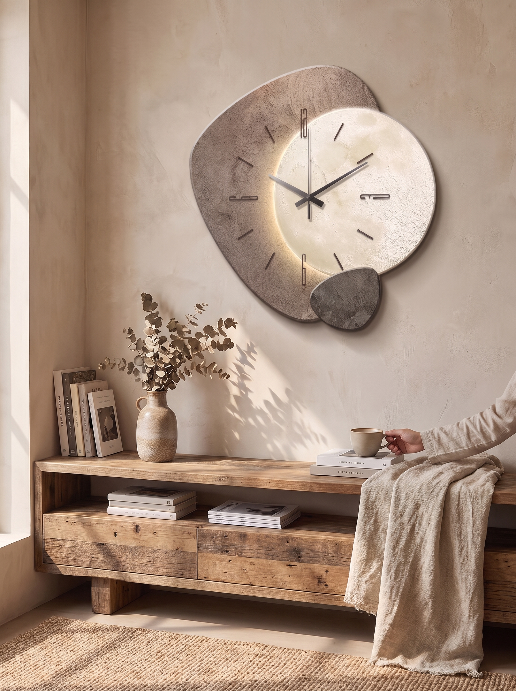 Oval wall clock breaking a run of square frames