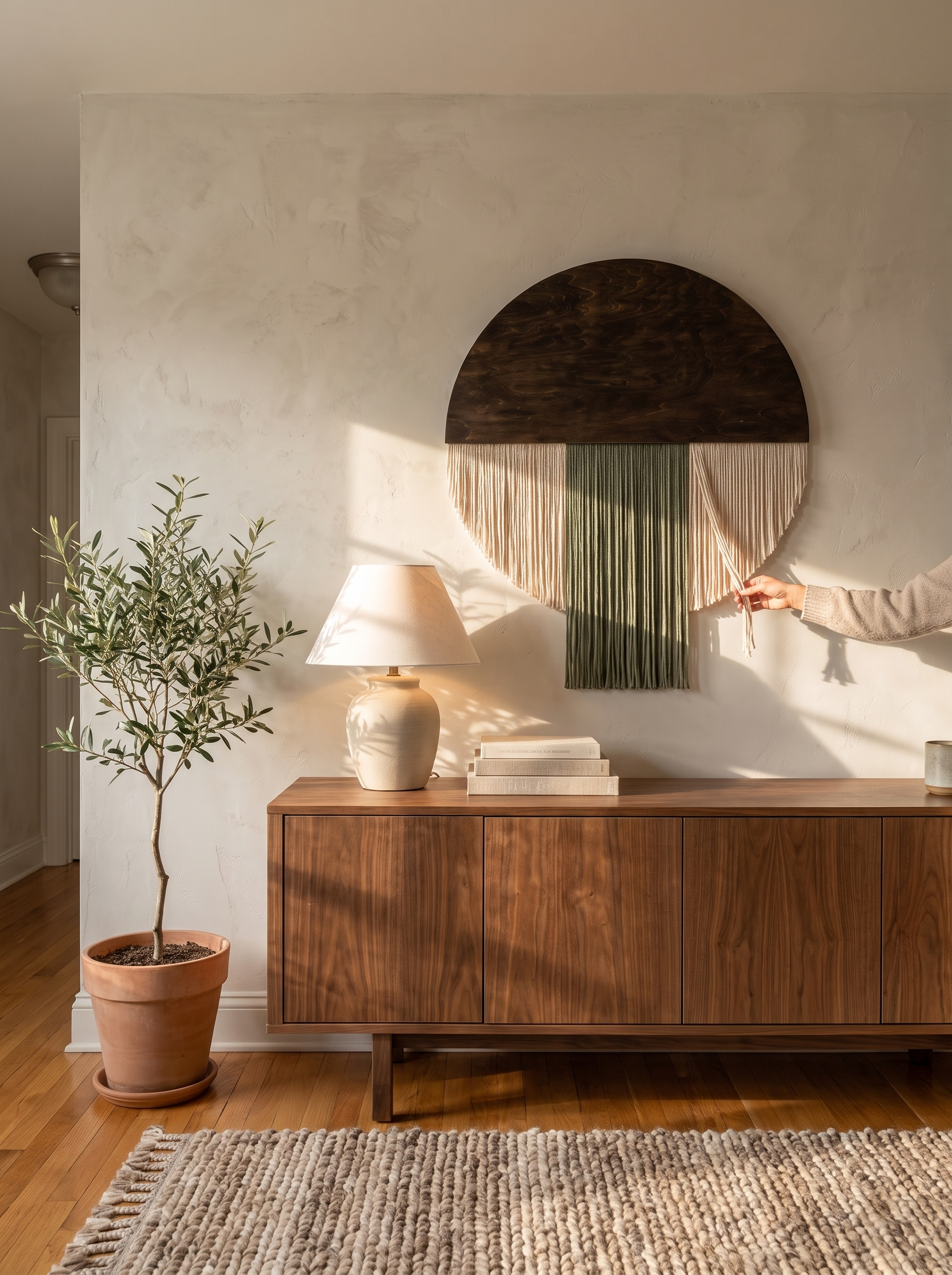 Woven round tapestry softening a plain wall