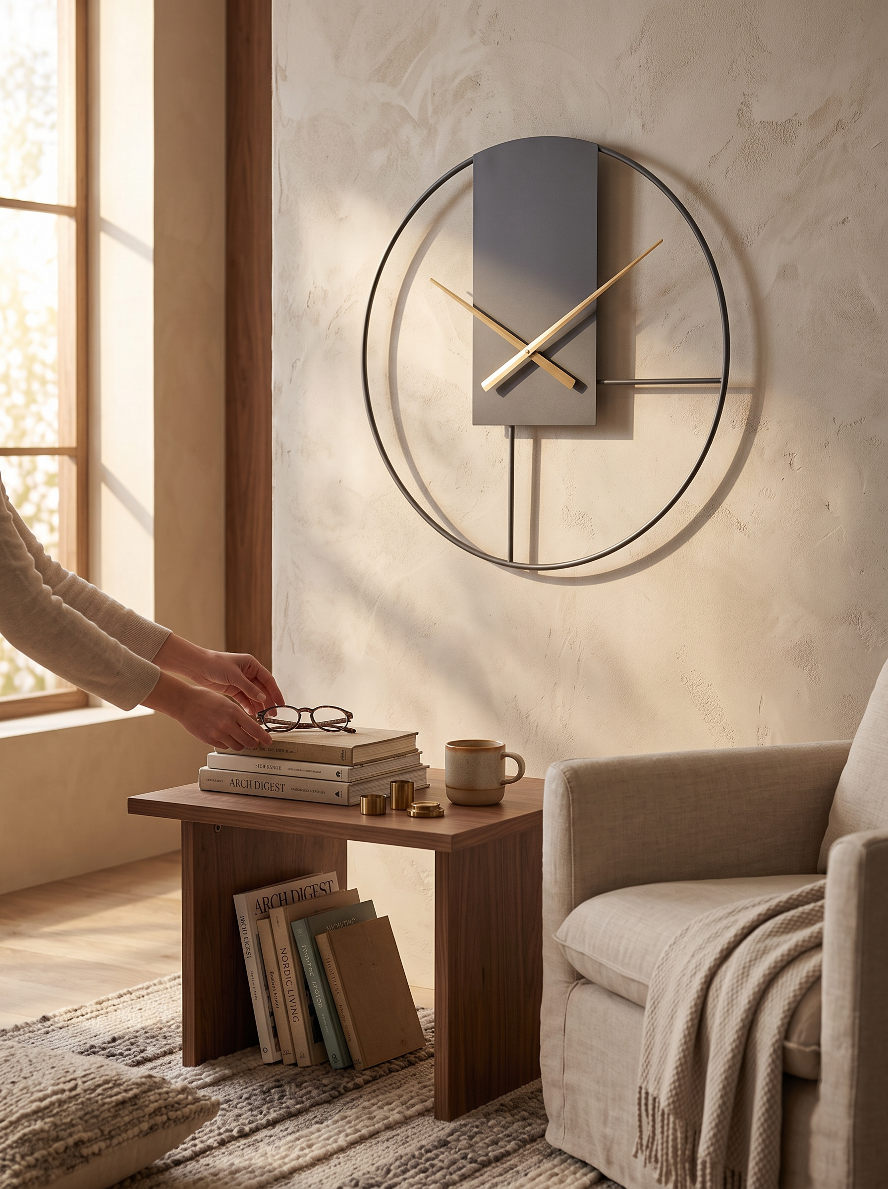 Slim metal clock sitting almost flush to the plaster
