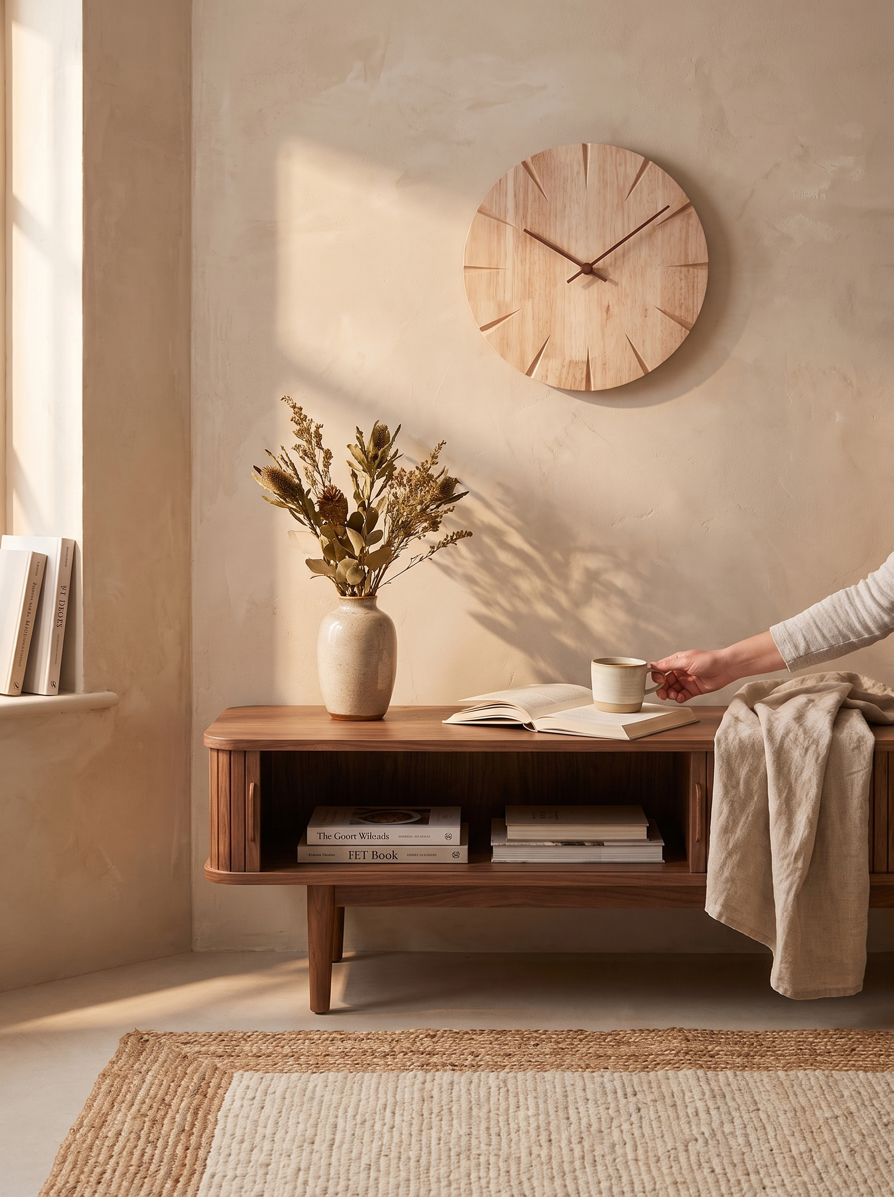 Heavy timber clock hung on a study wall