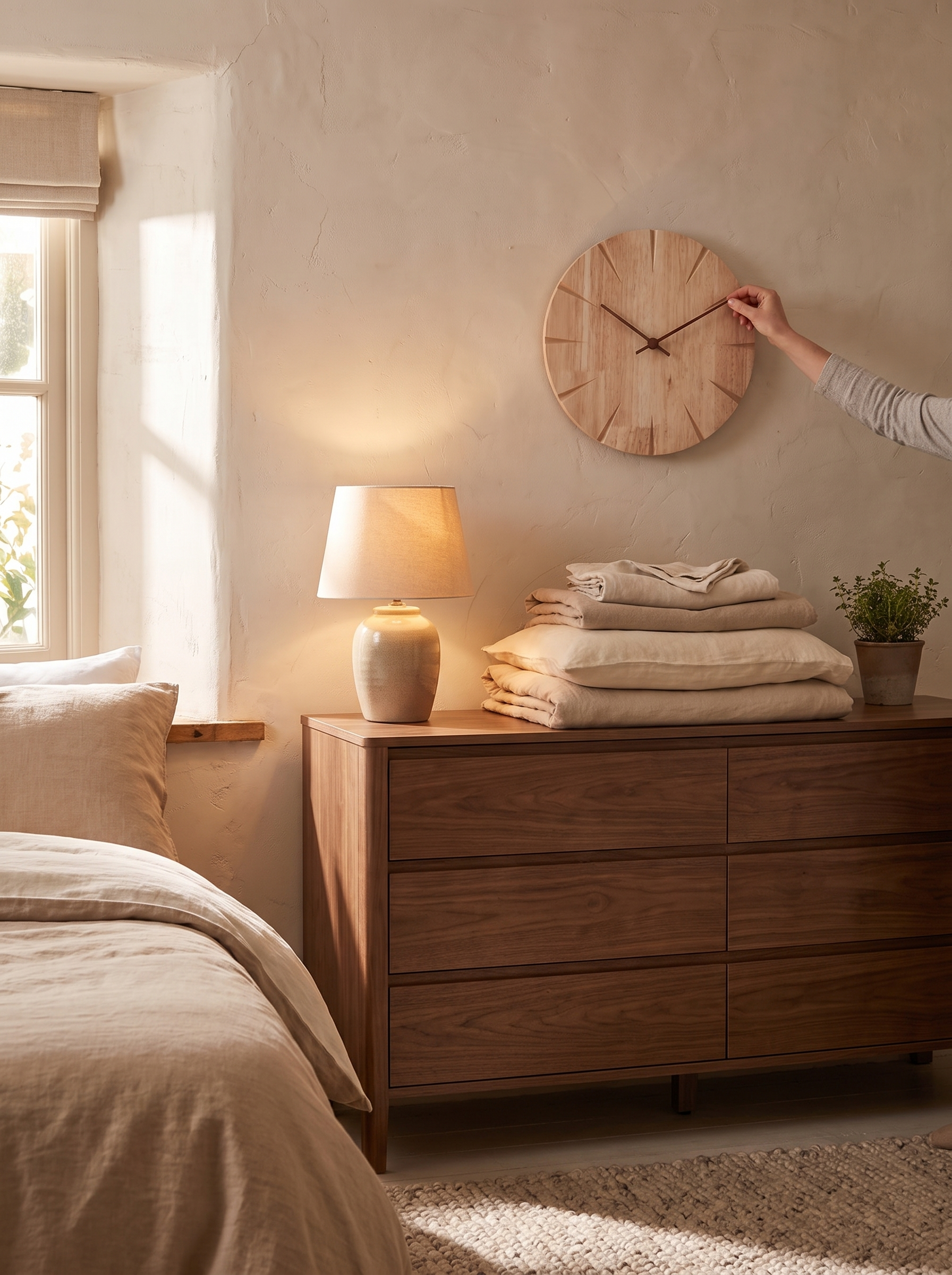 Silent wood clock on a quiet bedroom wall