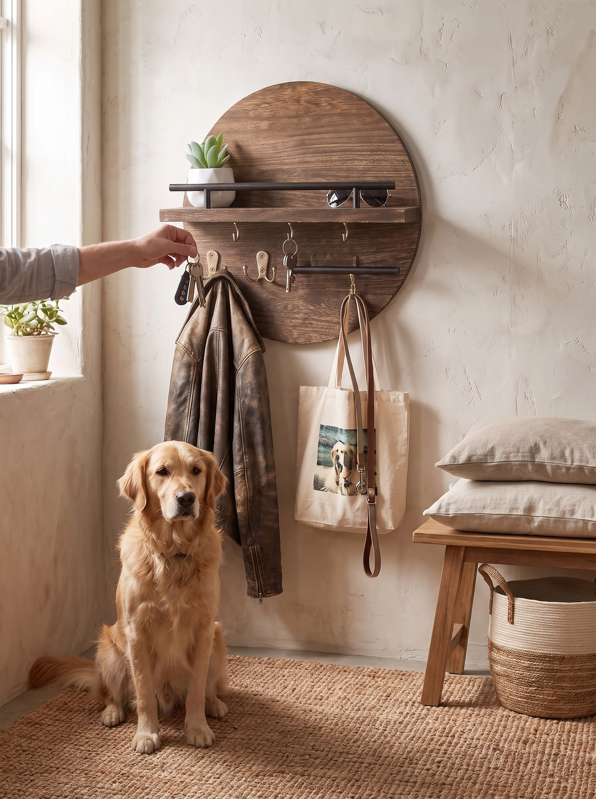 Circular wall shelf reading as an object not a bracket