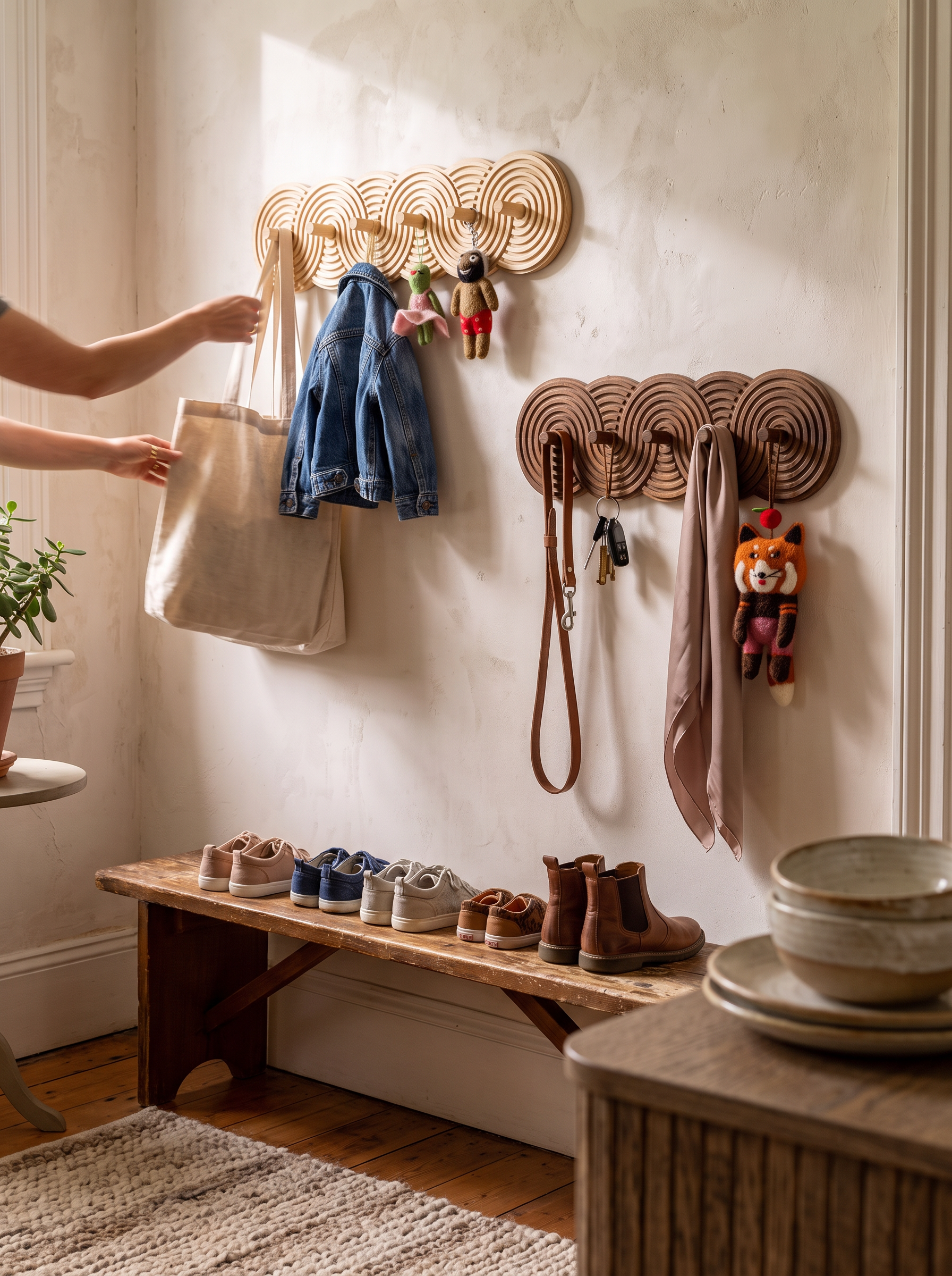 Spiral wood wall hanging adding depth to a flat wall