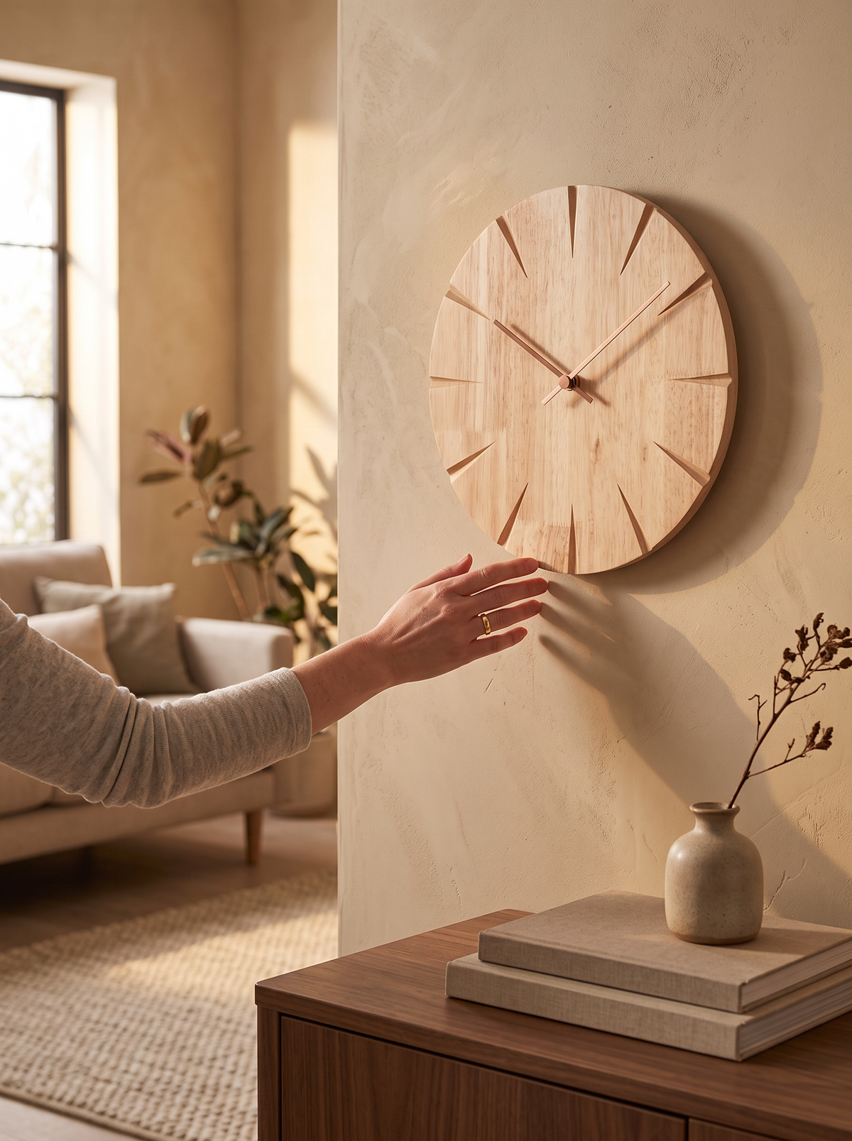 Solid wood clock face showing its own grain