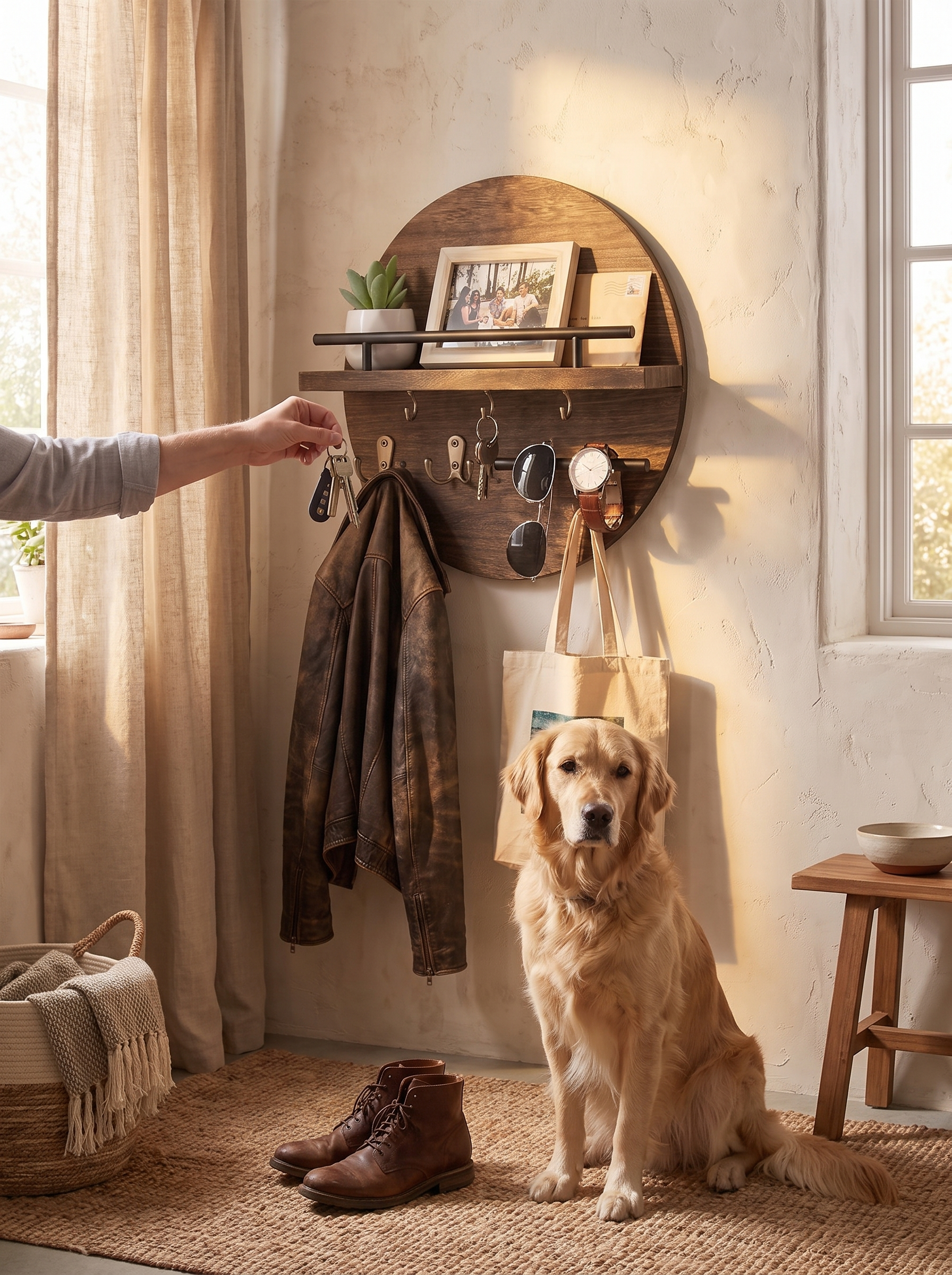 Round wooden shelf holding keys by an entryway door