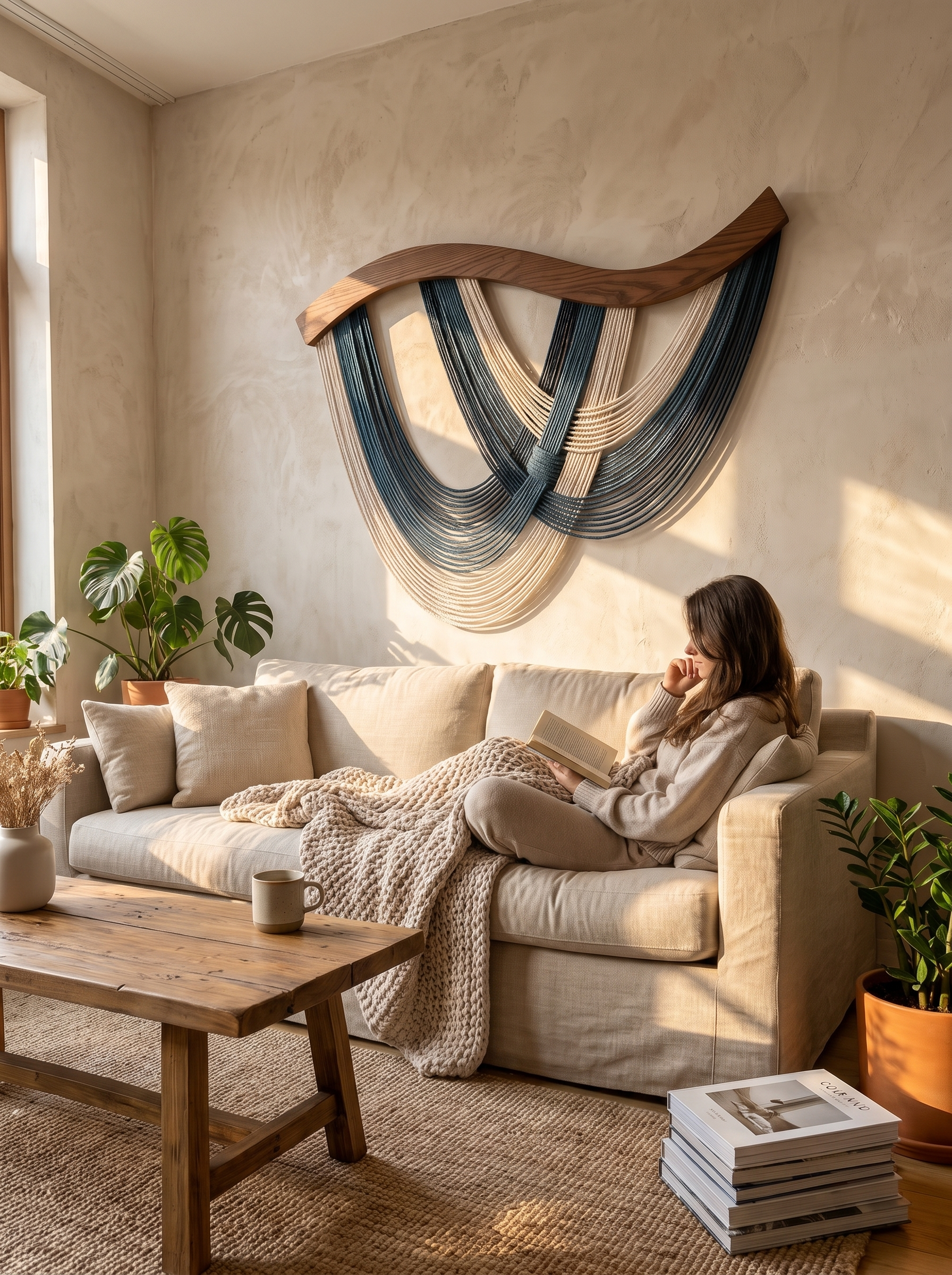 Cotton rope tapestry giving a large wall texture