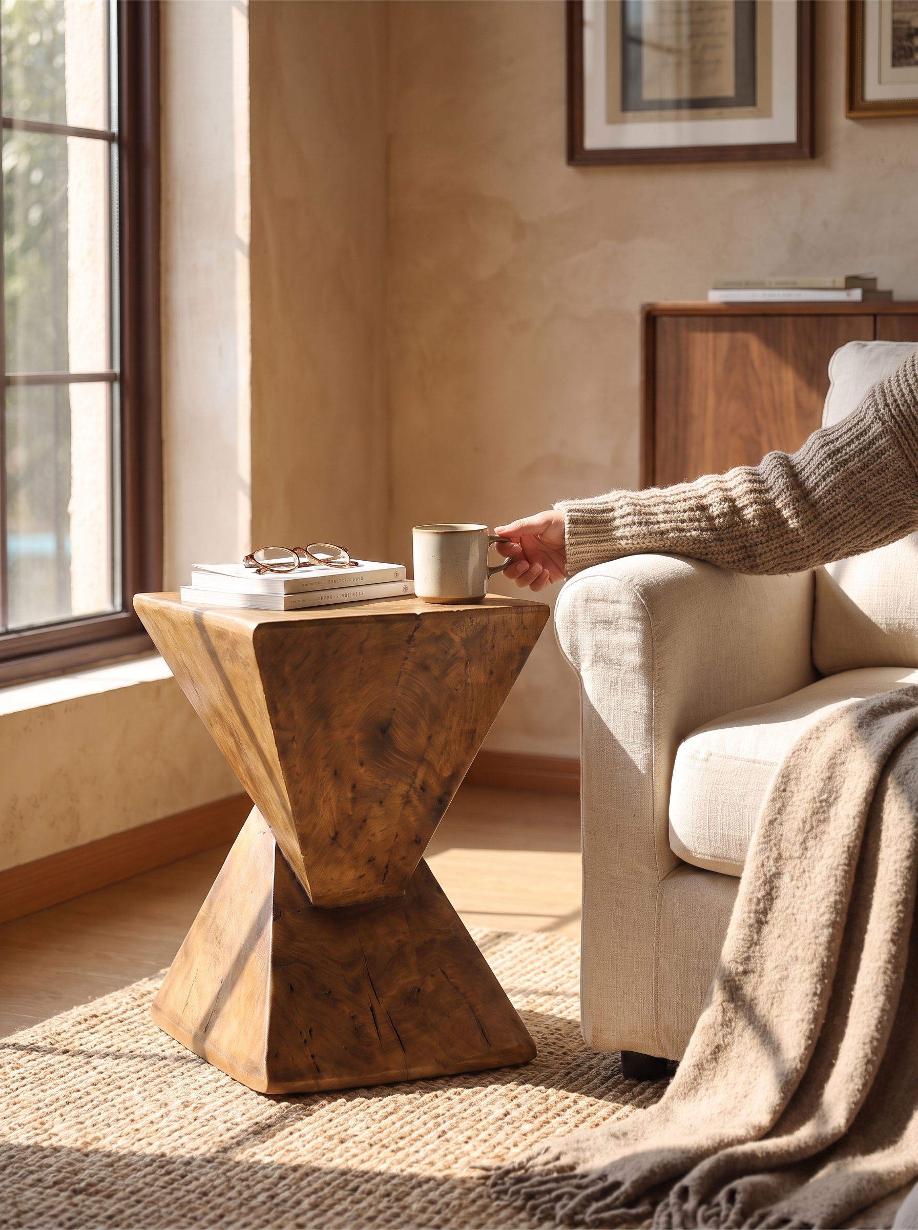 Fully assembled side table standing beside a sofa