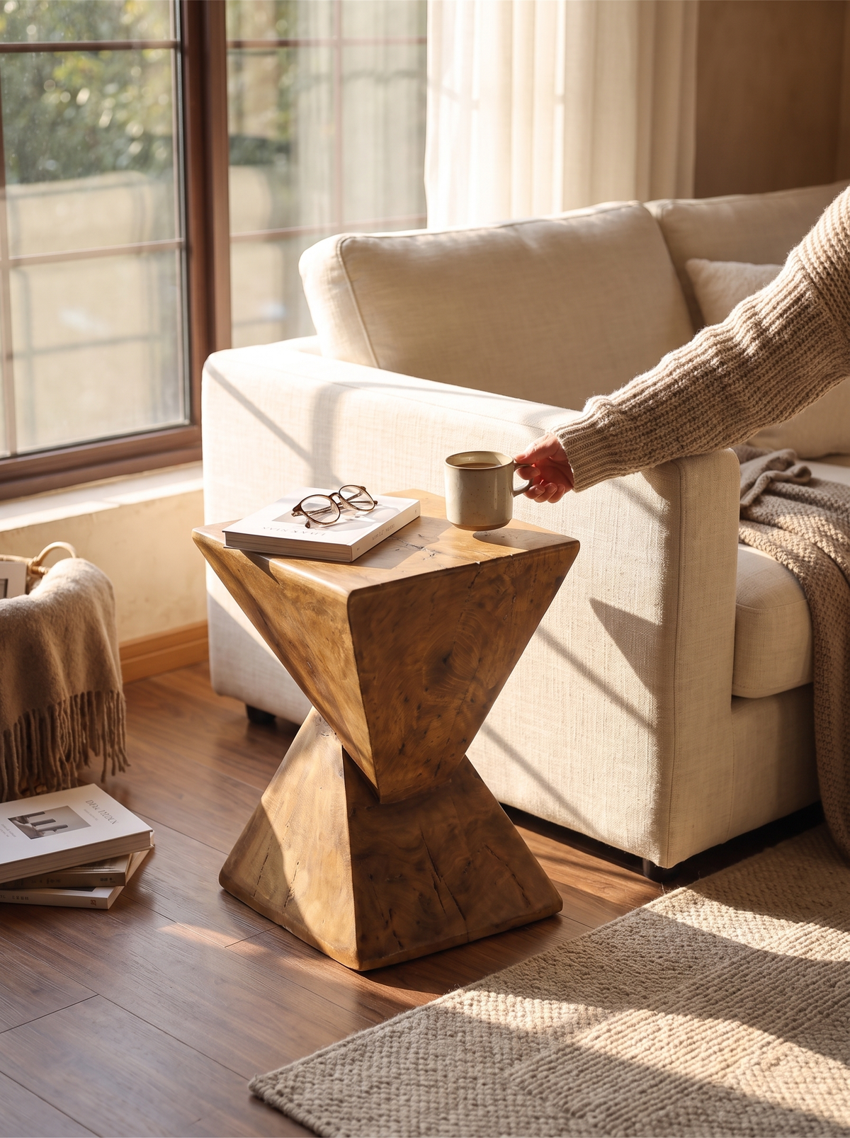Small side table holding a book and a glass