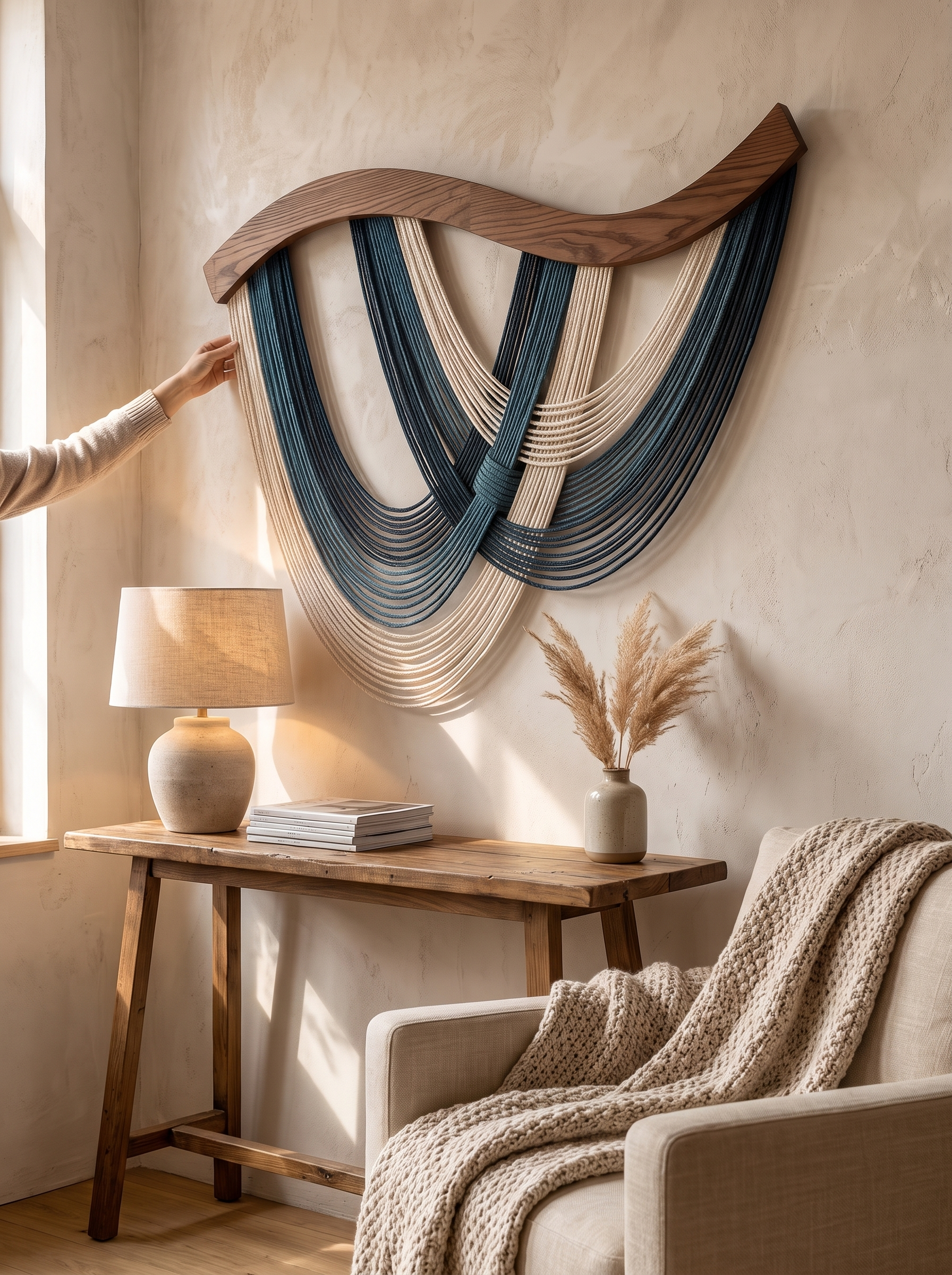 Light cotton tapestry hanging from its wooden rod
