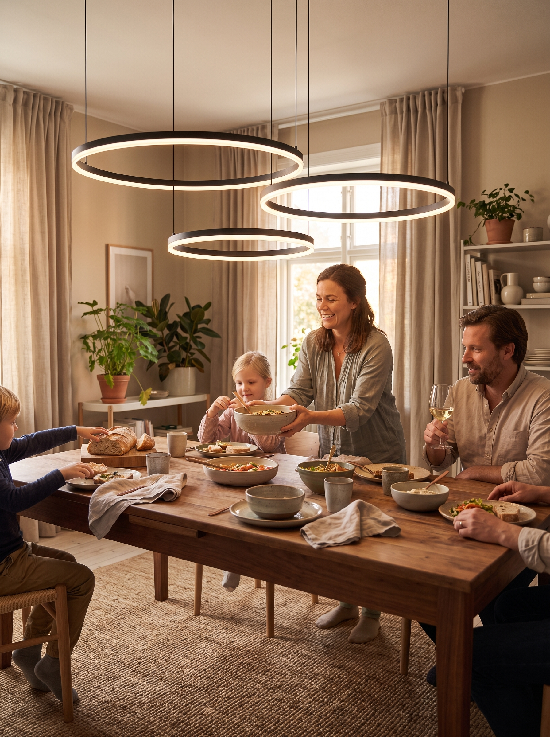Ring pendant lighting a wide open plan room