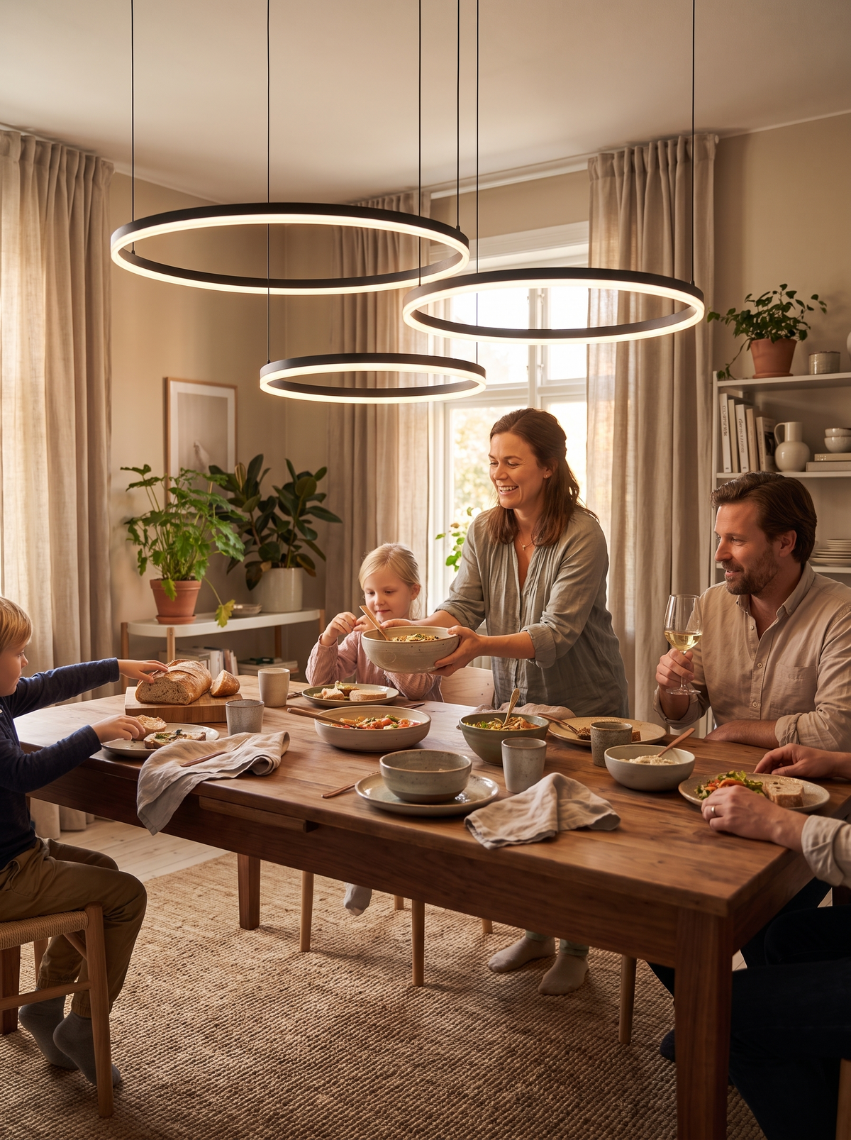 Ring pendant lighting a wide open plan room