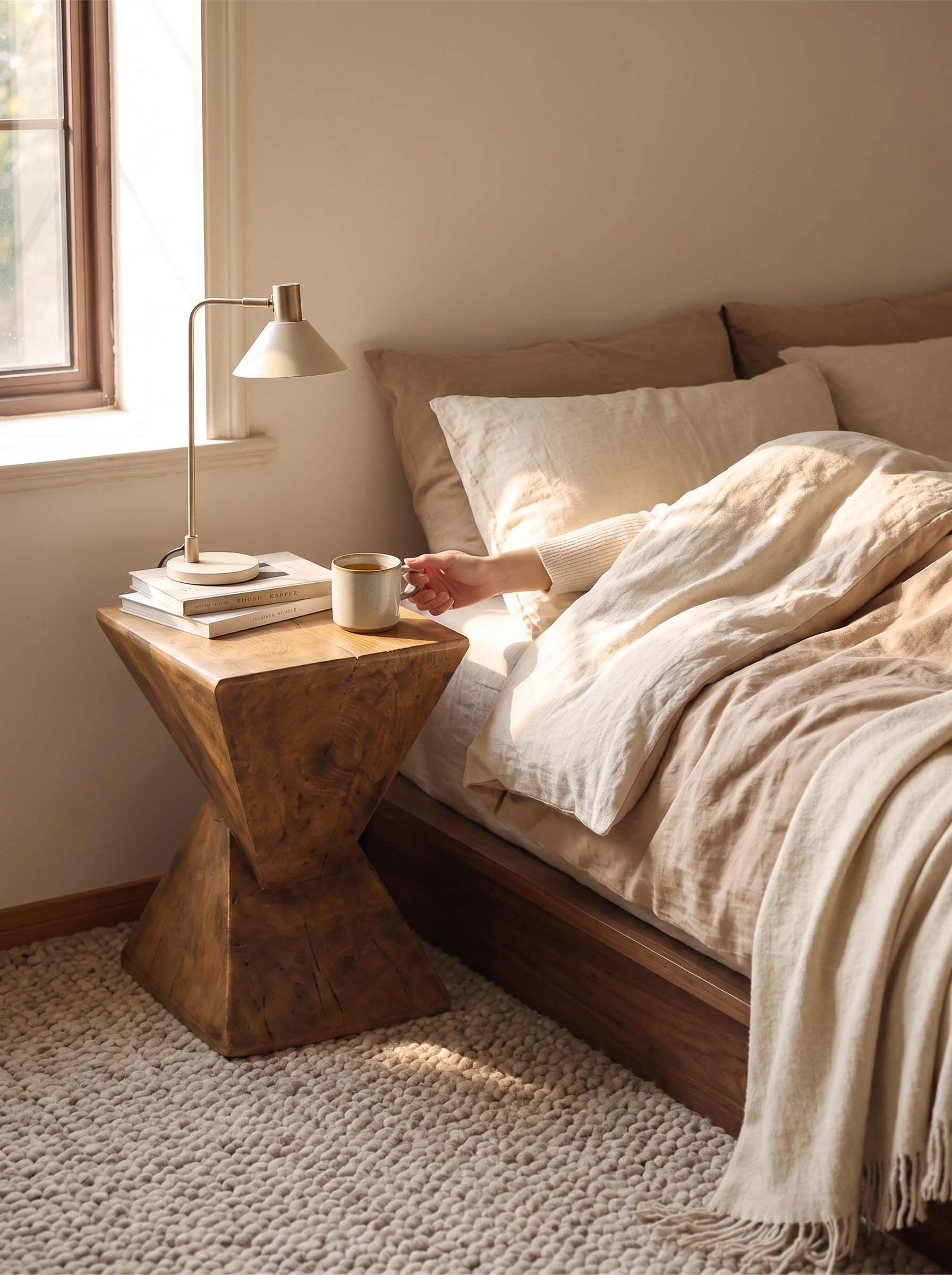 Triangular bedside table tucked into the angle by a bed