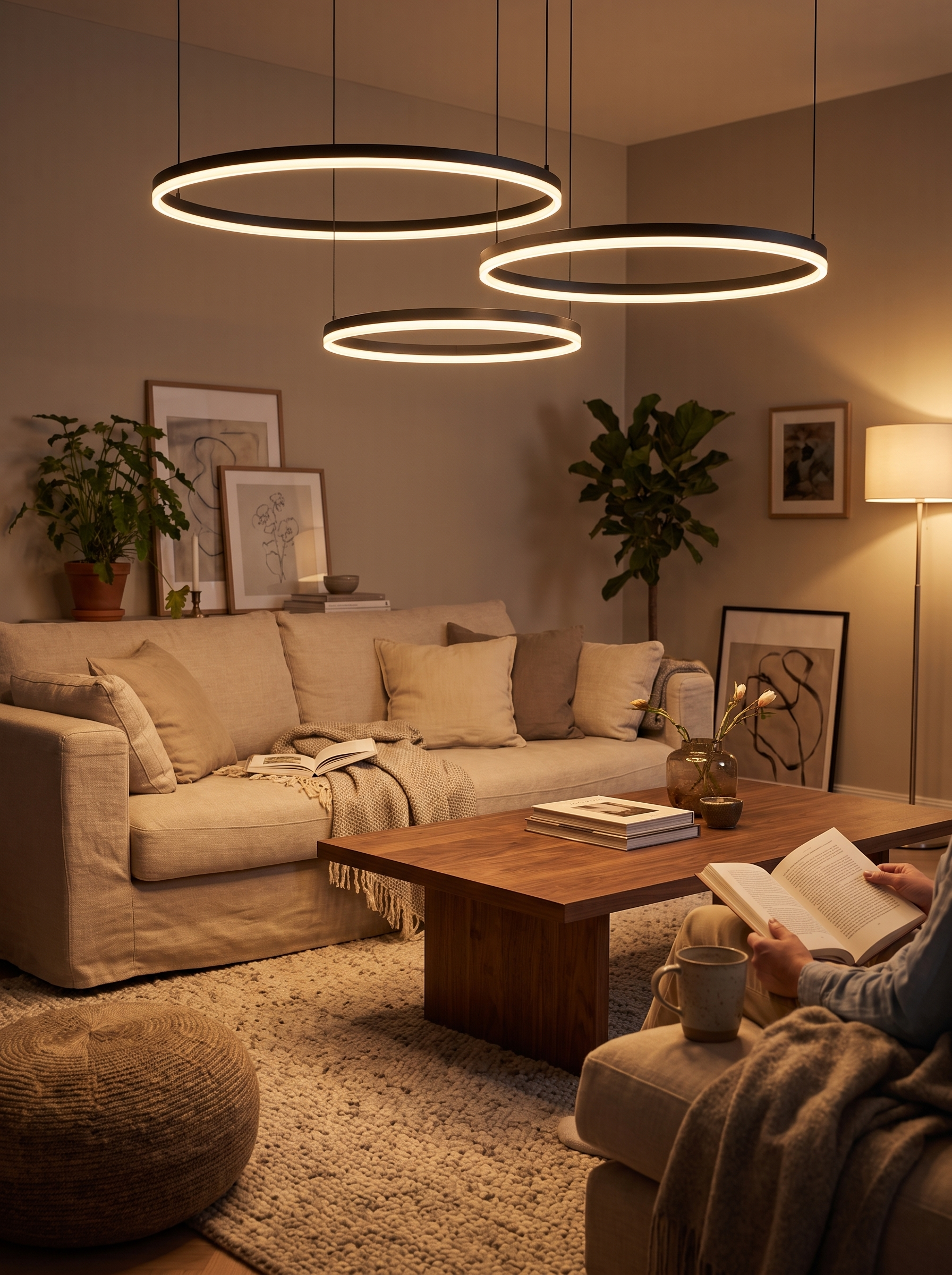 Ring pendant dimmed low over a dining table