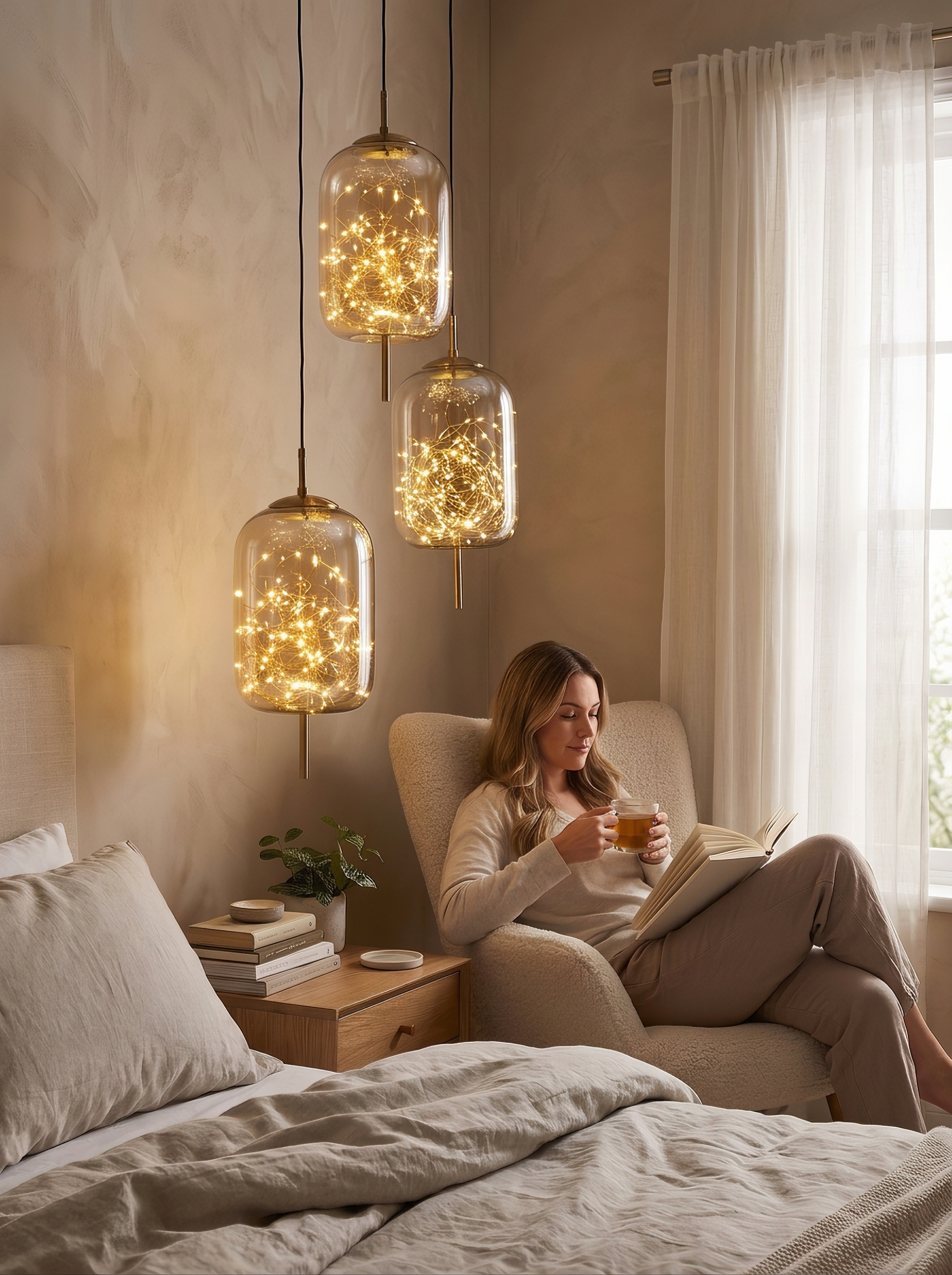 Three glass pendants hung at staggered heights