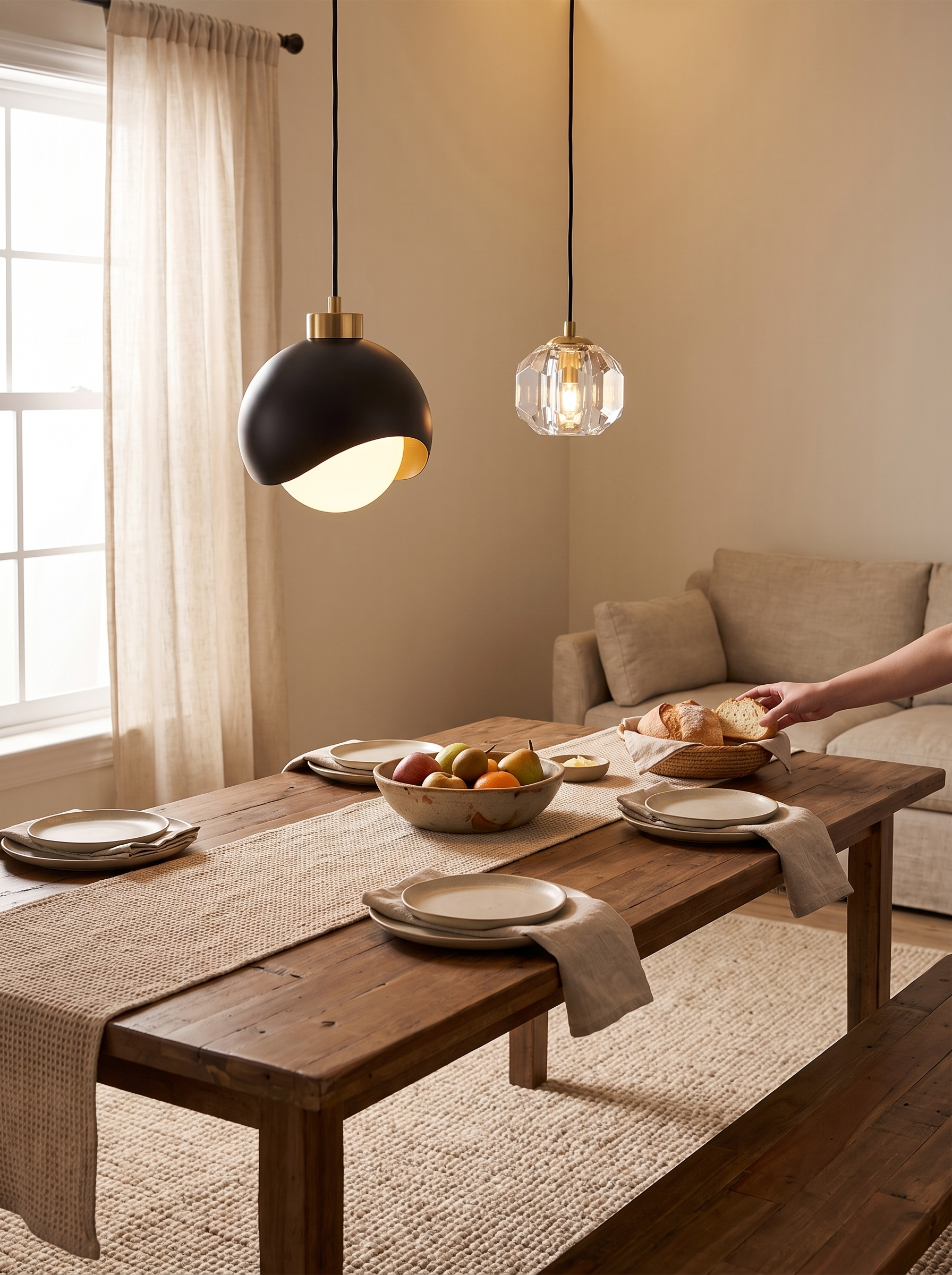Linear crystal chandelier running along a rectangular table