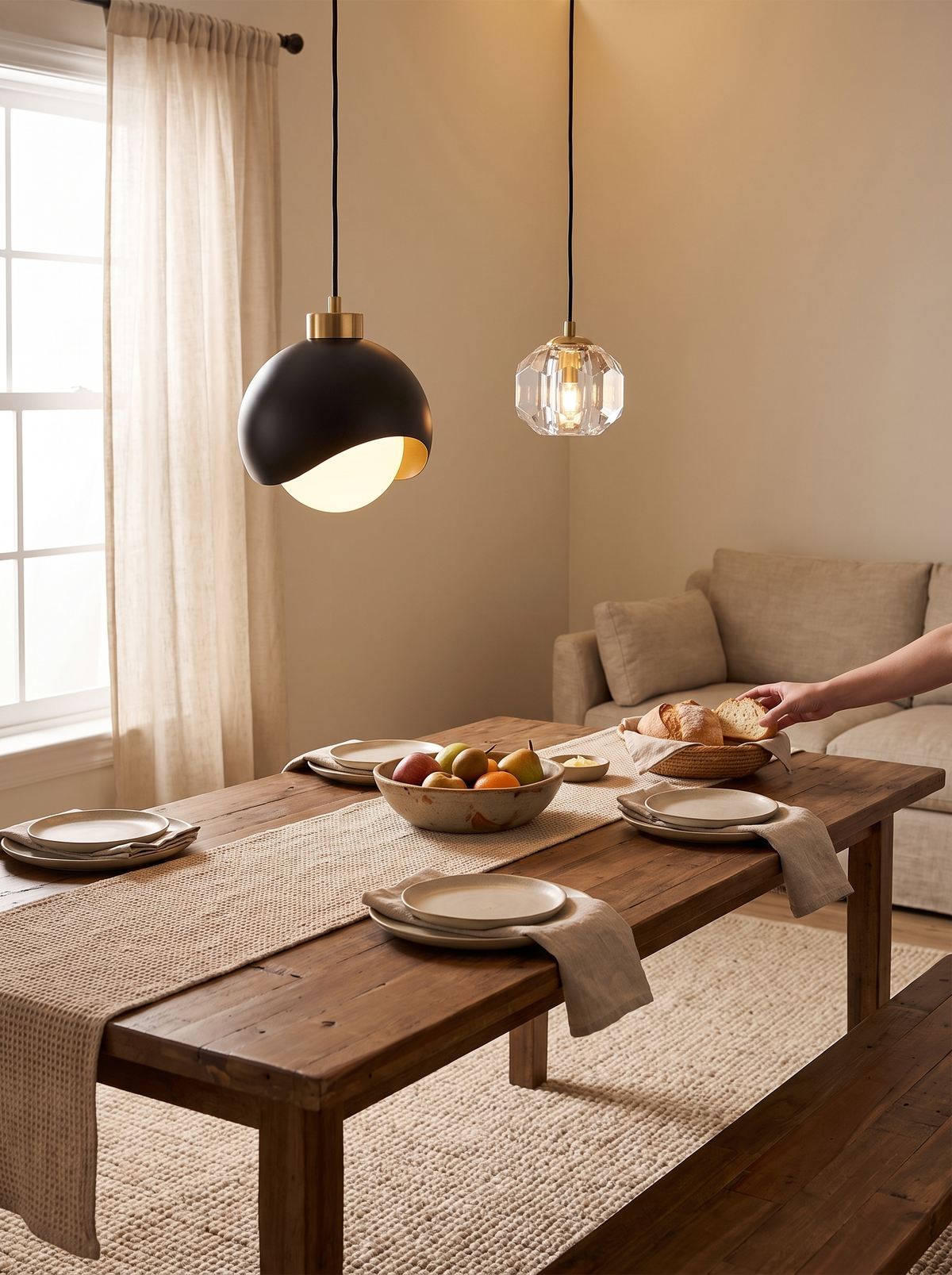 Linear crystal chandelier running along a rectangular table
