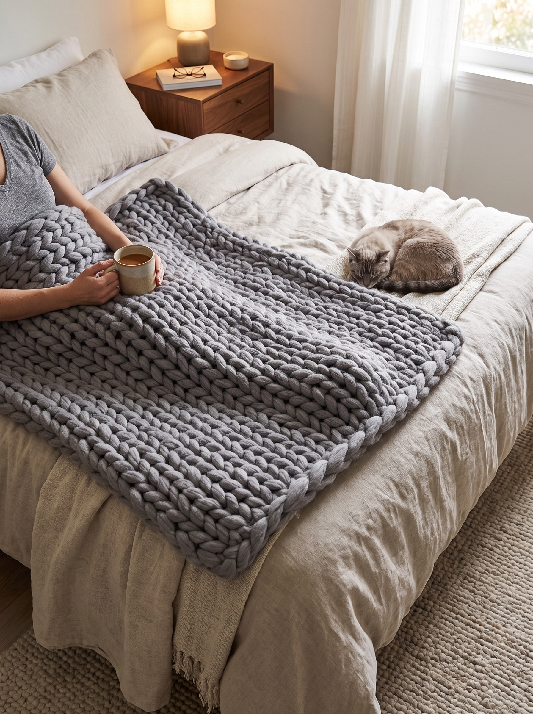 Thick heavy throw blanket draped over a sofa