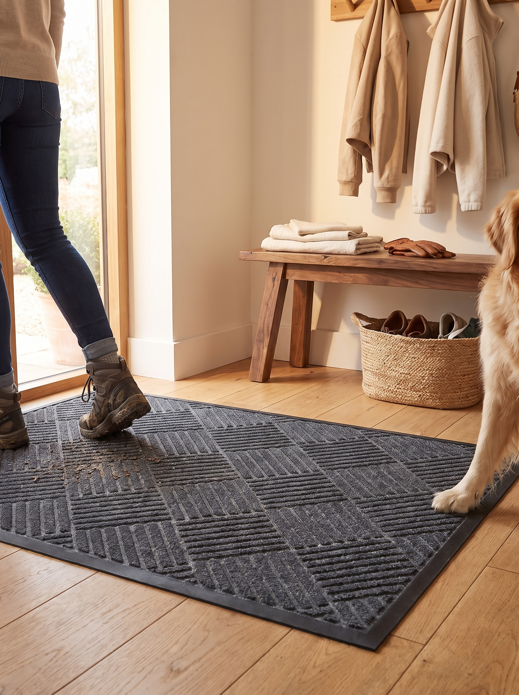 Non slip mat lying flat on a hard hallway floor