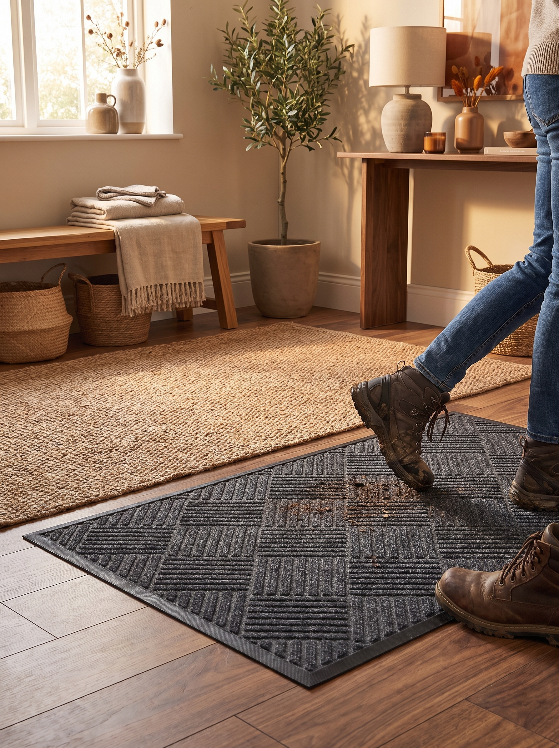 Door mat in a neutral colour at a front door