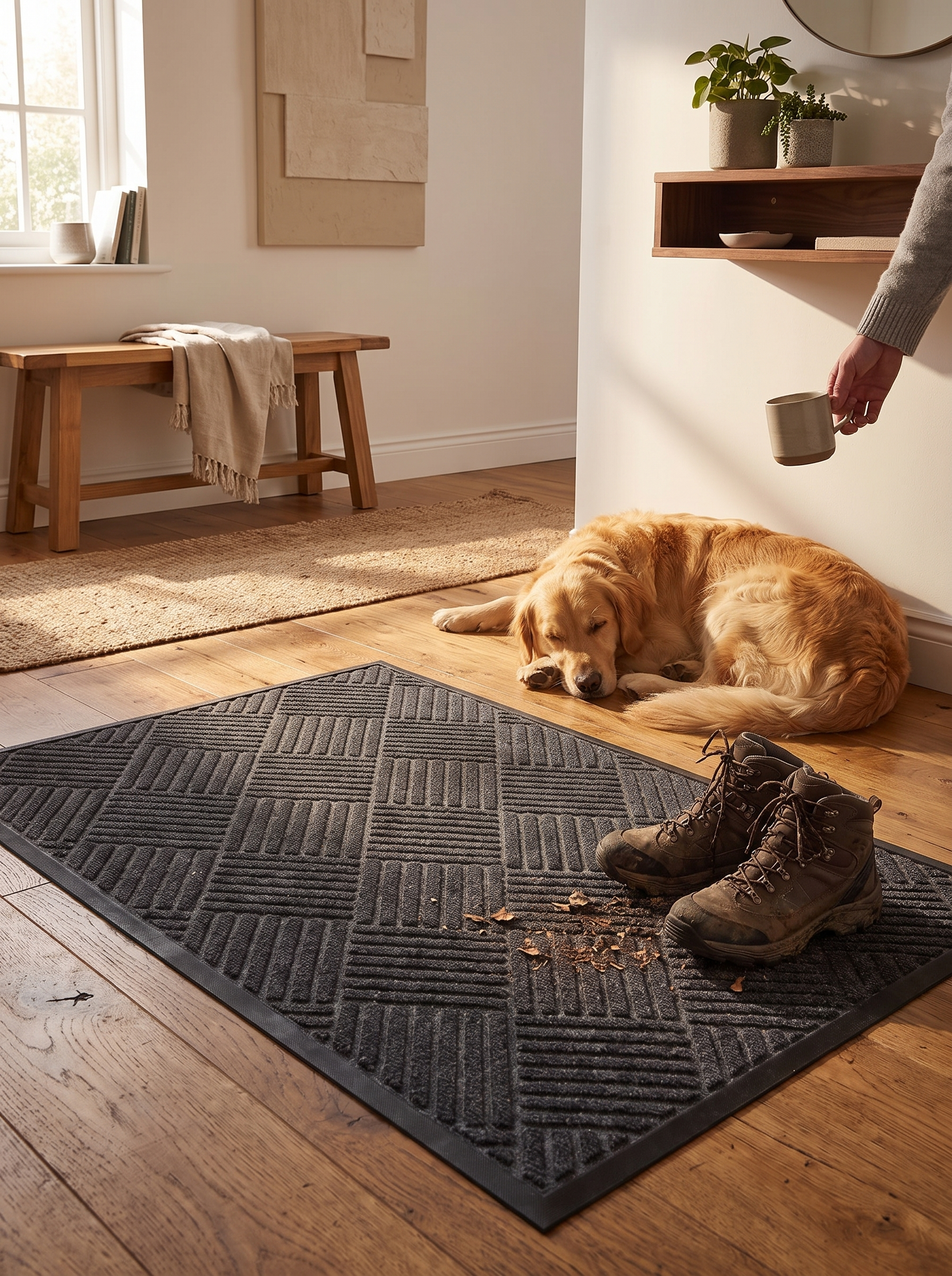 Door mat catching grit at an entrance threshold