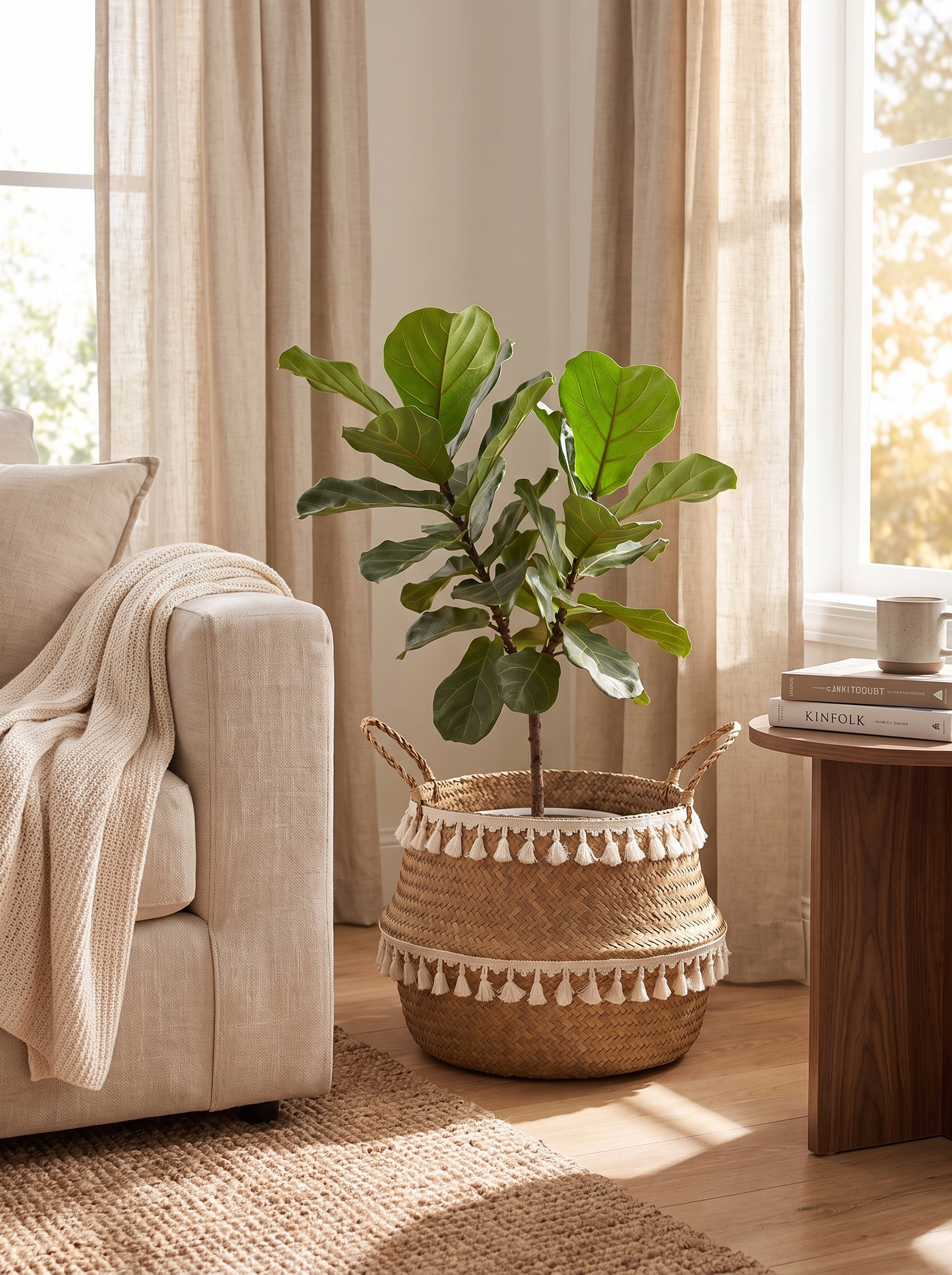 Woven basket hiding a plain plastic nursery pot