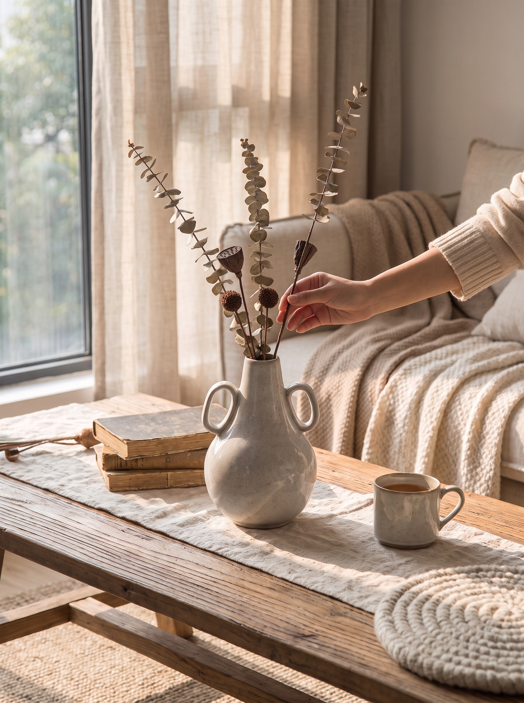 Ceramic vase holding tall dried stems without tipping