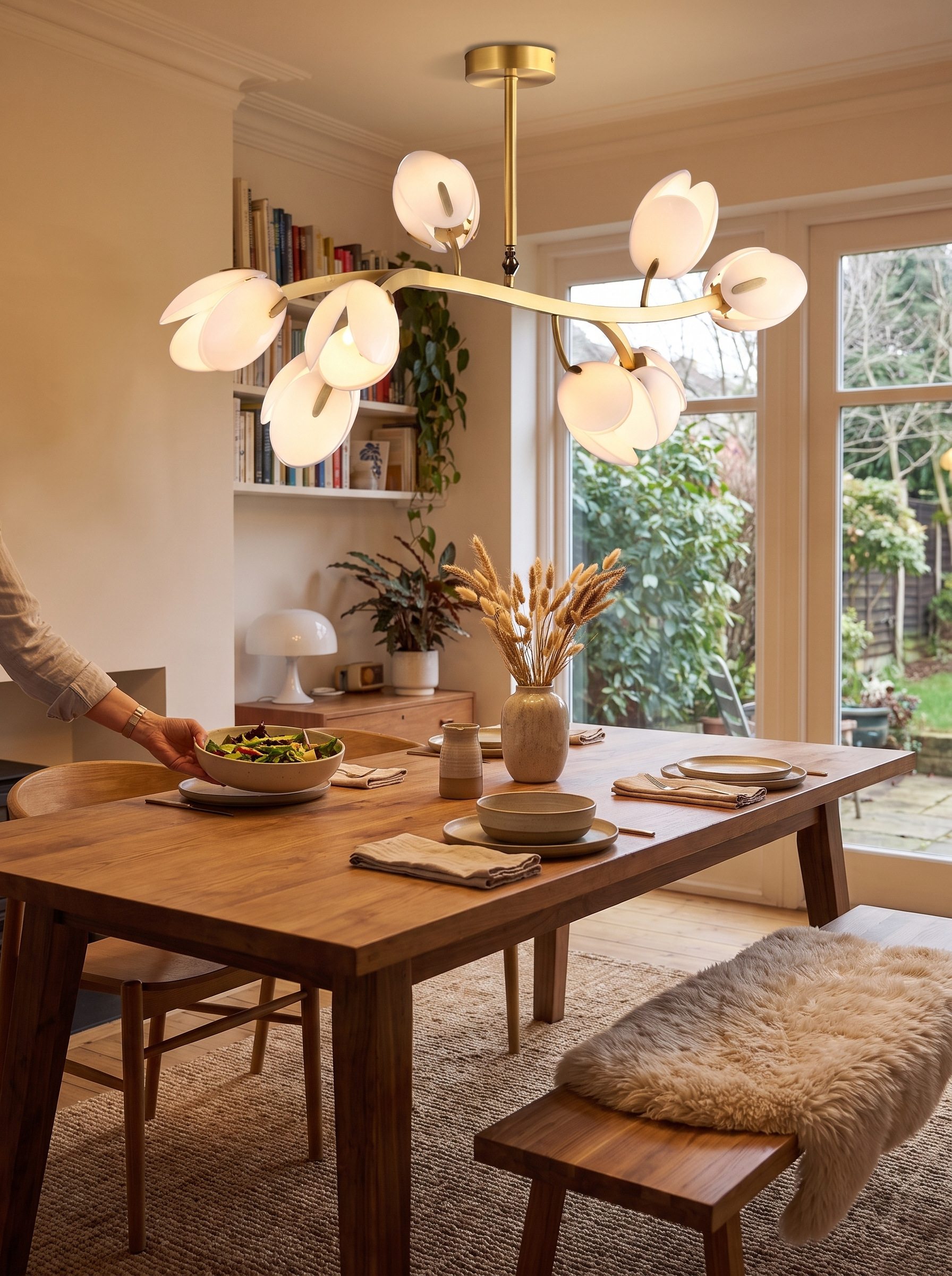 Five head tulip chandelier over a living room