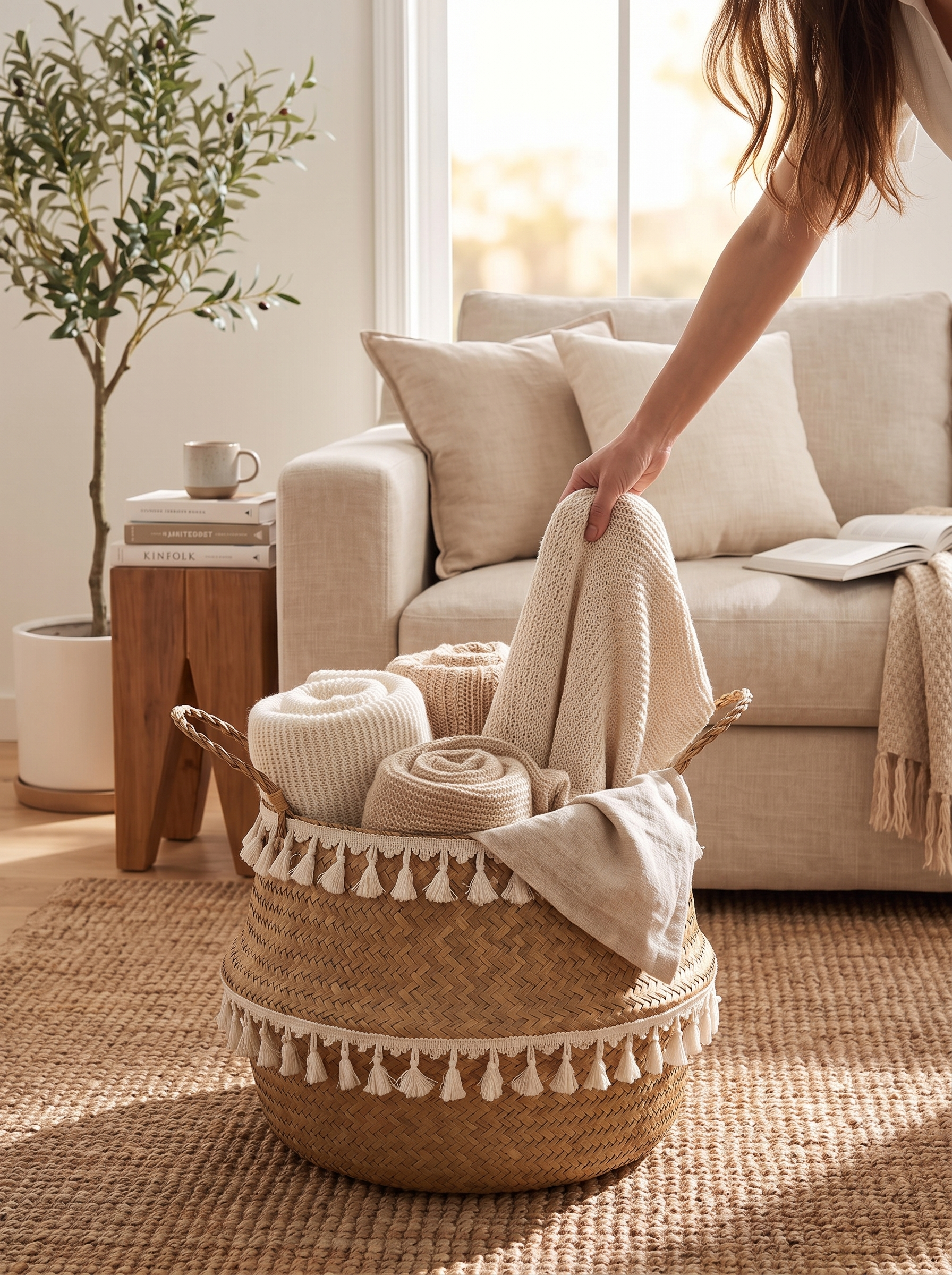 Handwoven straw texture on a plant basket