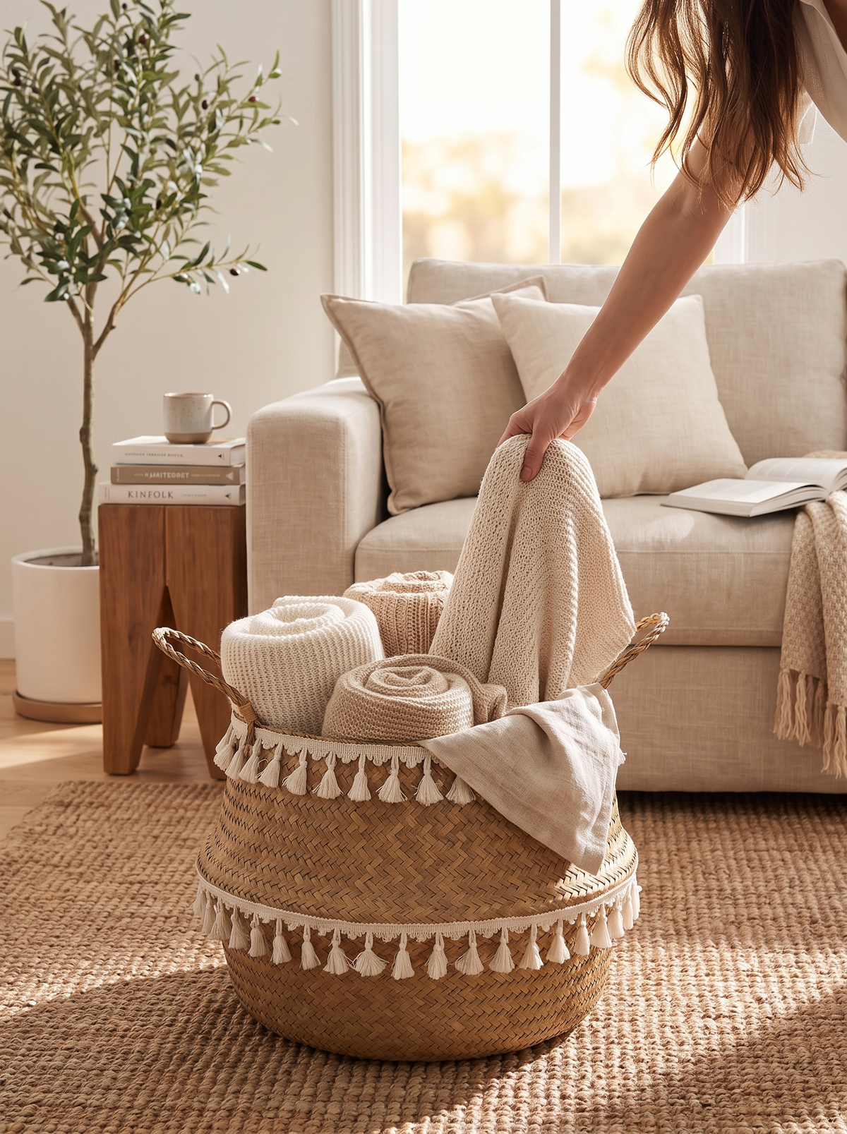Handwoven straw texture on a plant basket