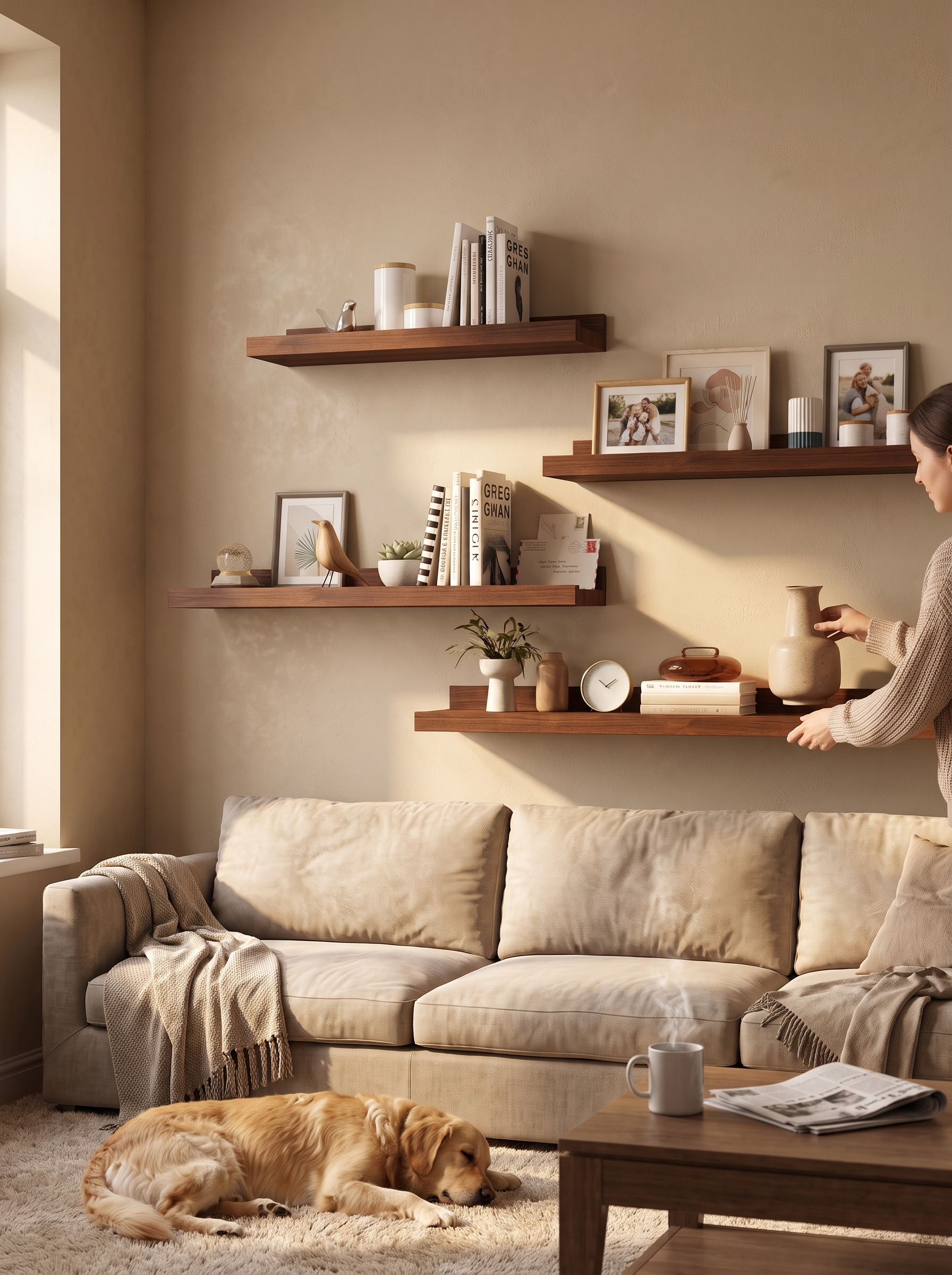 Slim wood shelf fixed to a wall without drilling