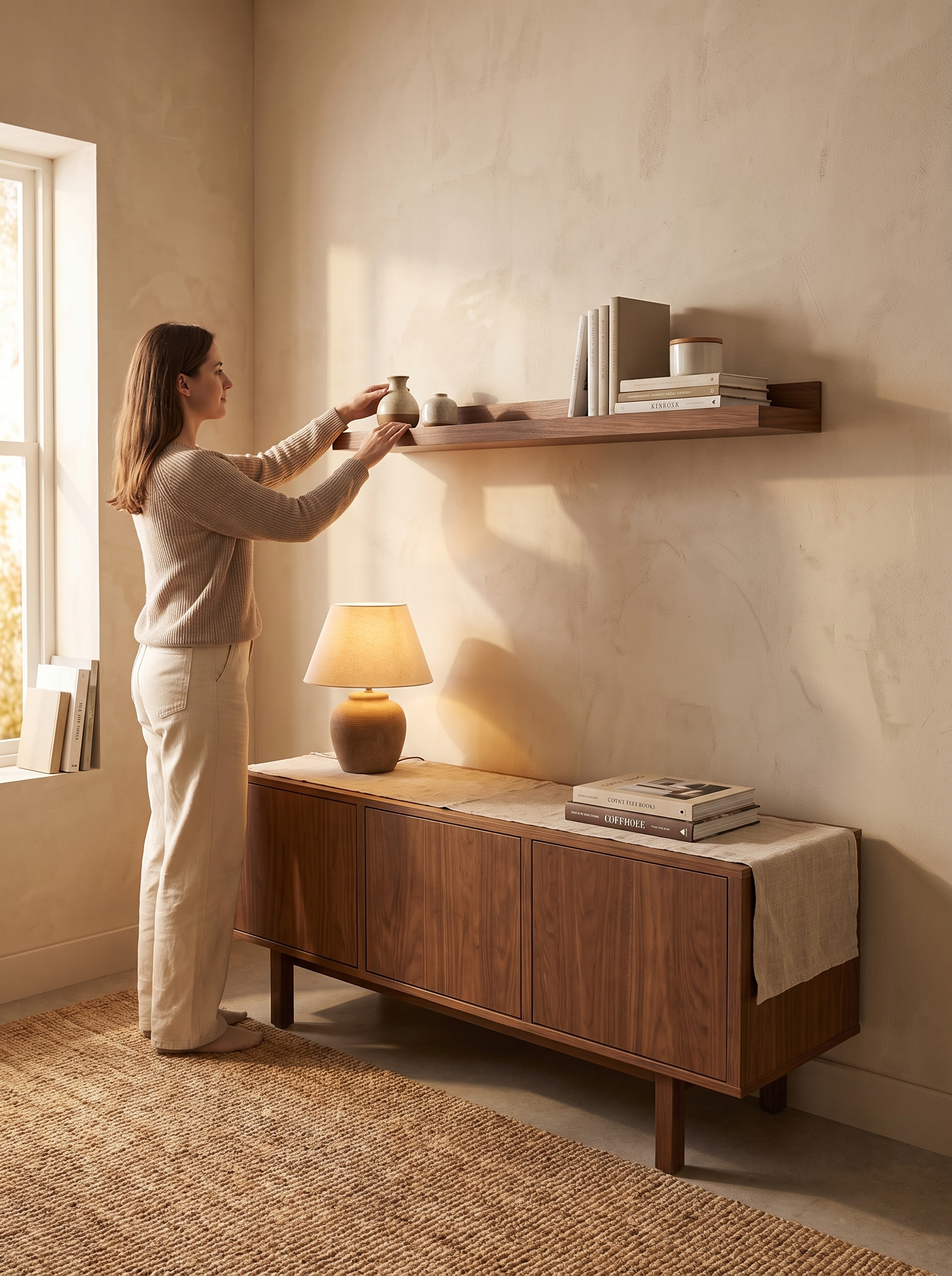 Two wall shelves at staggered heights as display